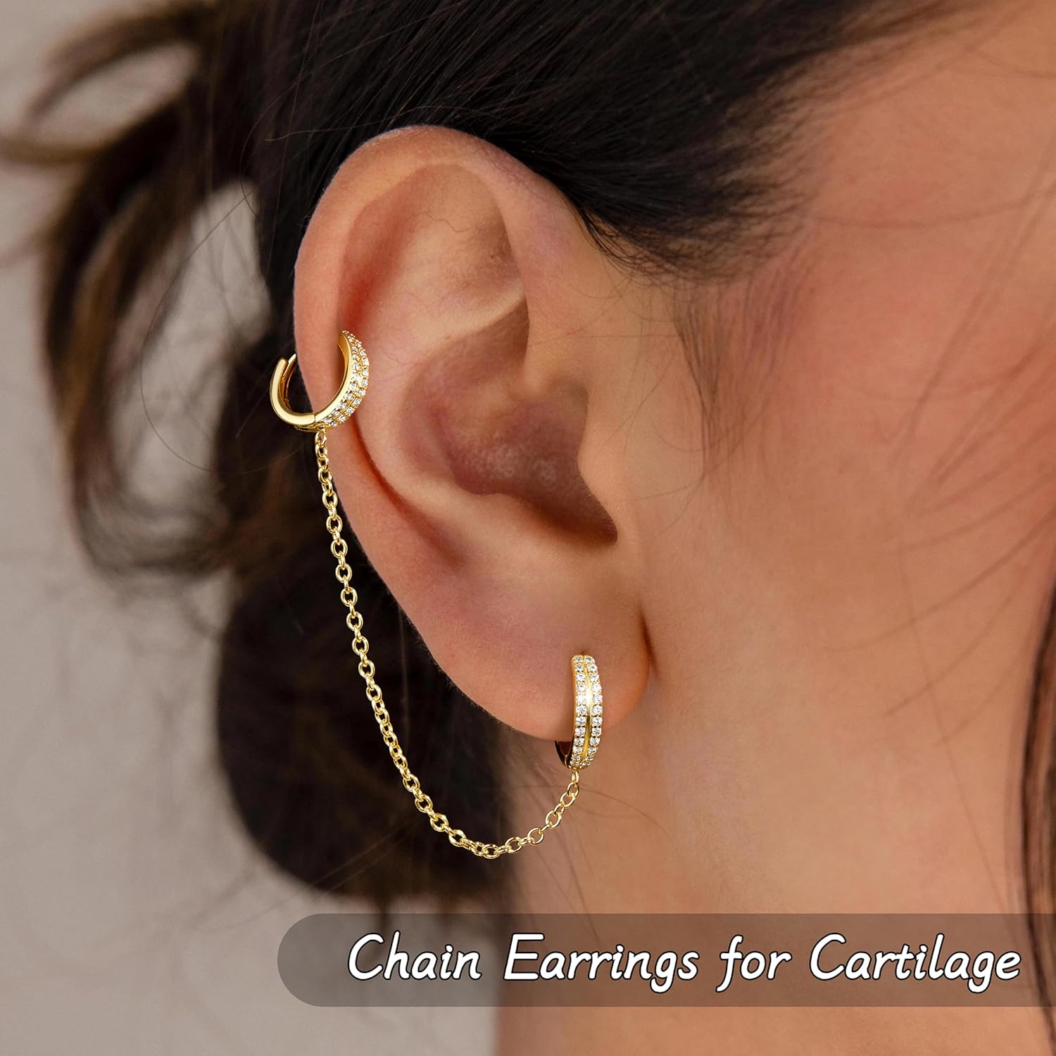 Gold Chain Earrings for Women, Hypoallergenic Huggie Hoop Stud for Catilage Conch Double Piercing, St. Patrick's Day Sterling Silver Chain Earring Jewelry - Image 3