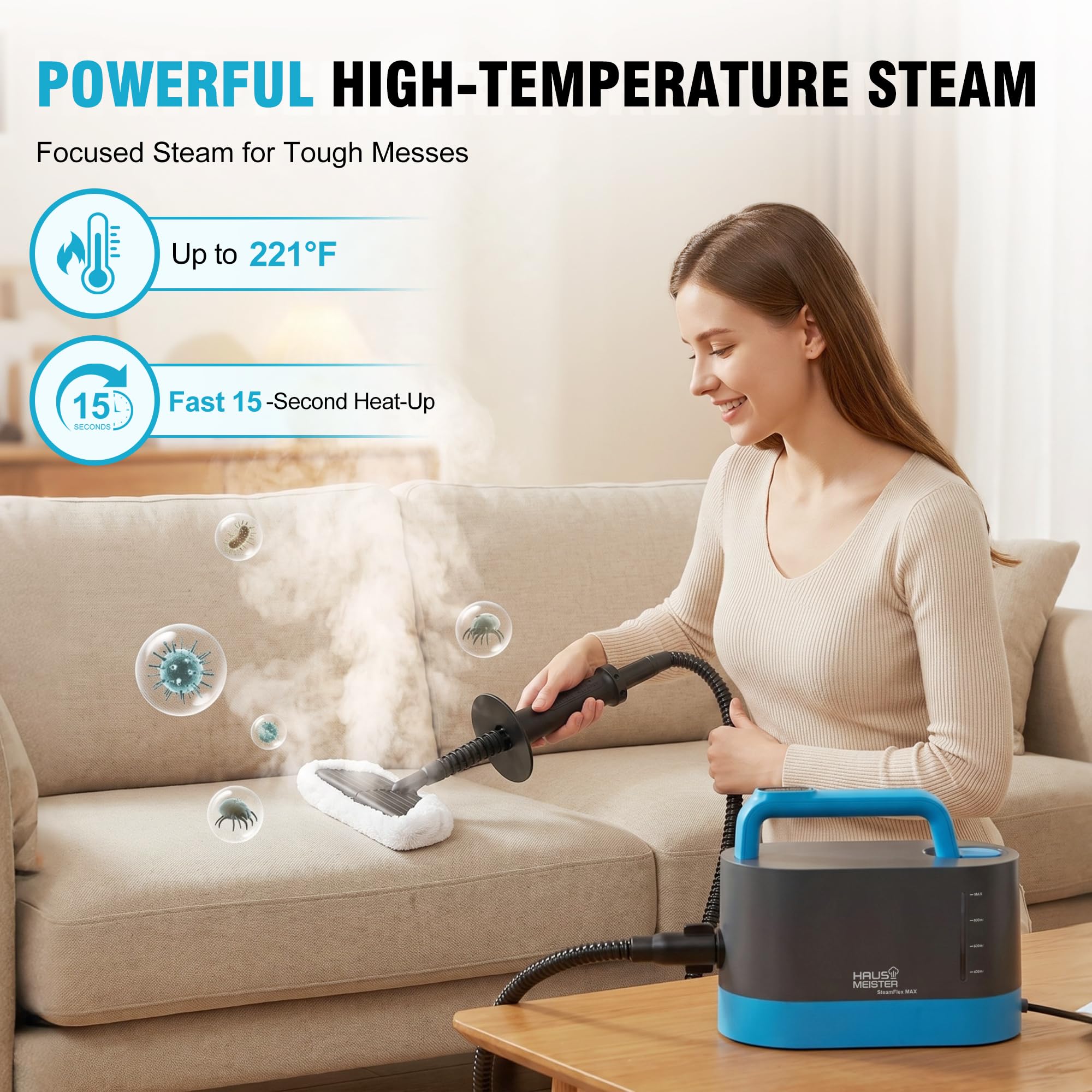 HAUS MEISTER Steamflex Max - Limpiador de vapor portátil de 1200 W para el hogar, tanque de 1 litro, accesorios para cocina, baño, azulejos, lechada, tapicería y ventanas