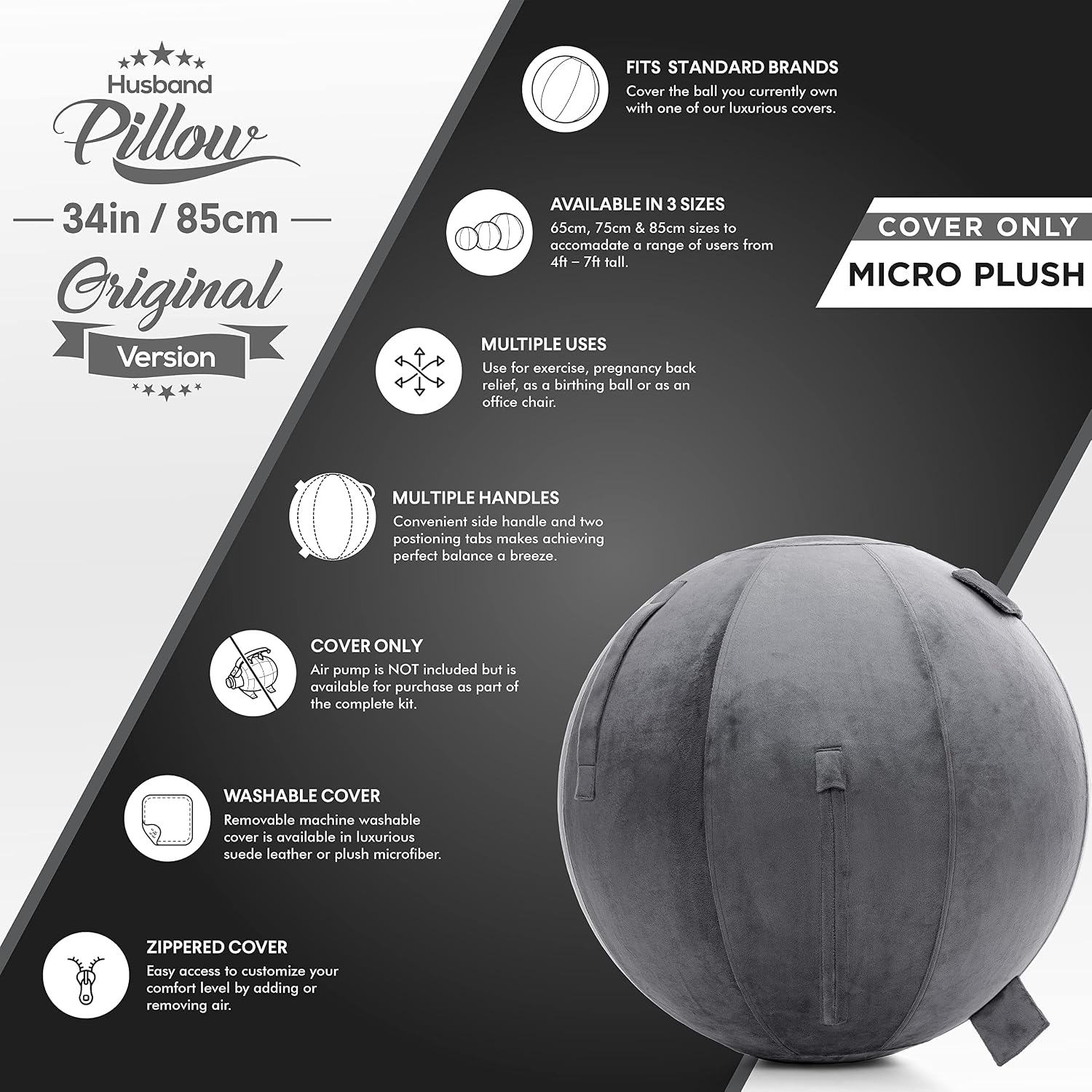 Husband Pillow Exercise Ball, Cover with Pump for Yoga, Pilates, Fitness Balance Stability, Office Ball Chair Seat. Soft & Slip Resistant, Pro Guide