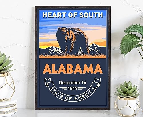 Póster del estado de Alabama, impresión de póster de Alabama, póster con emblema del estado de Alabama, póster de estado de viaje retro, arte de