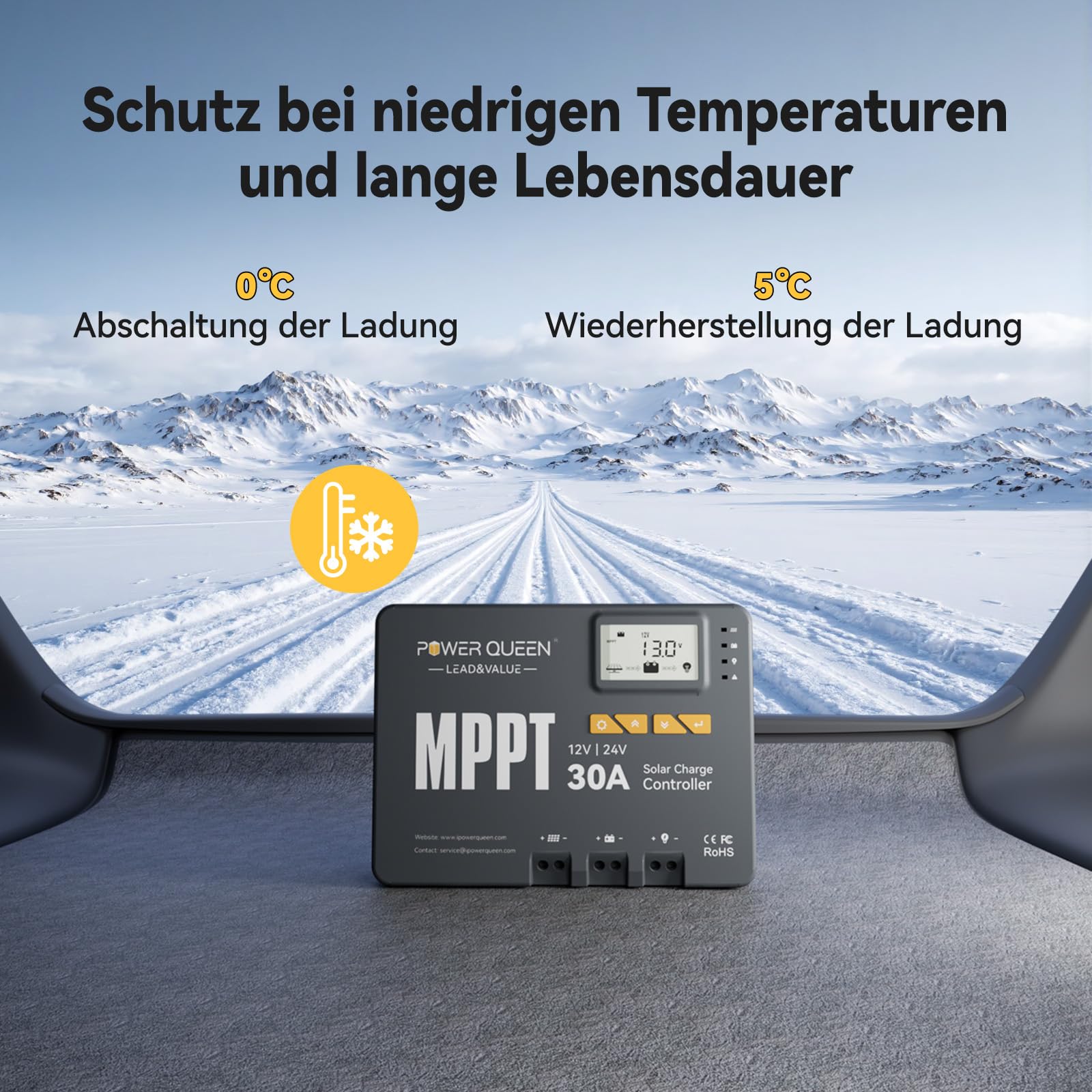 Power Queen 12/24V 30A MPPT Solarladeregler, Max 900W Eingangsleistung, eingebautes Bluetooth Modul, LCD Display, Standard für LiFePO4 Batterie und kompatibel mit versiegelten, Blei-Säure Batterien