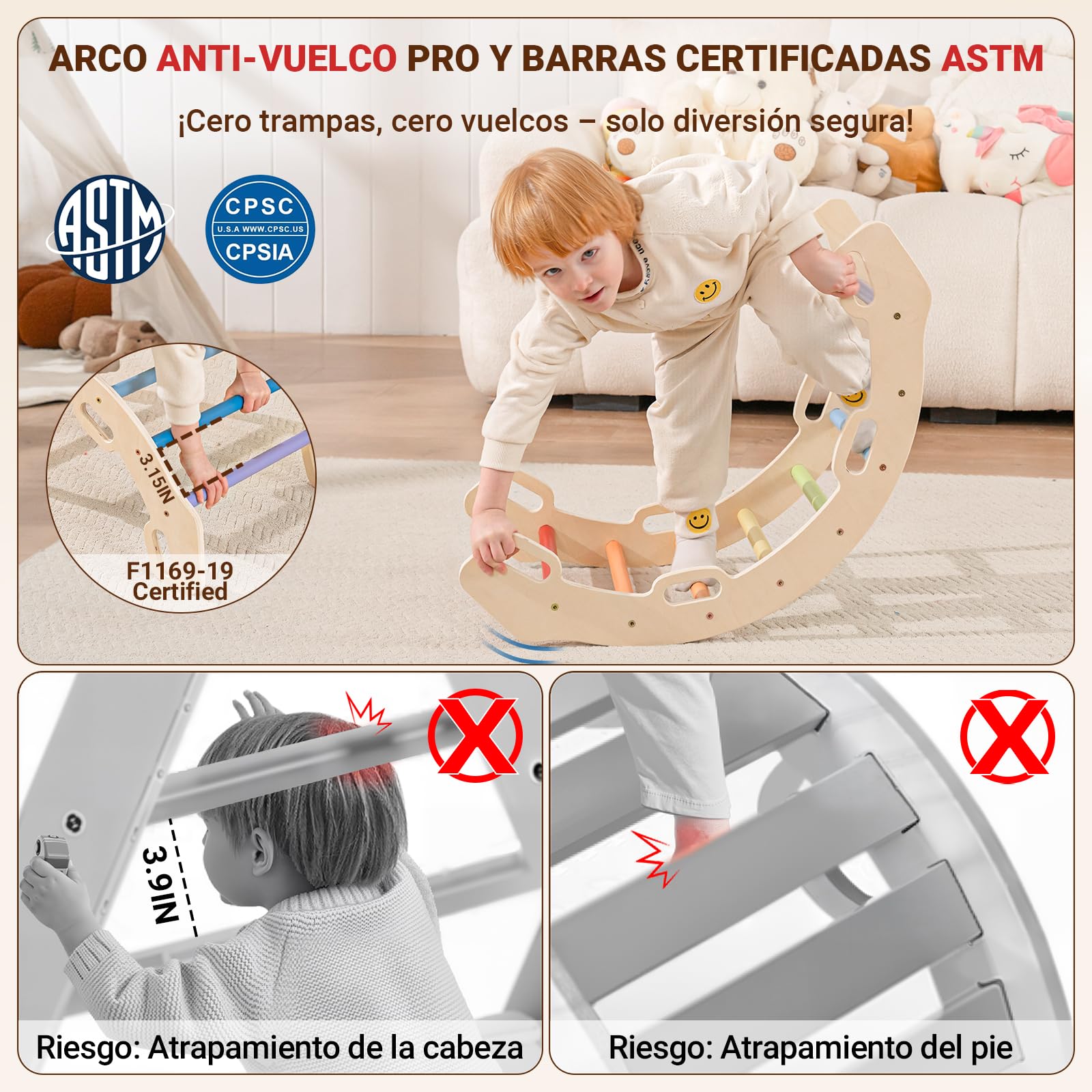 COSYLAND 8 en 1 Triángulo de Escalada Montessori con Arco y Rampa, Set Plegable Infantil, Juguete de Madera Resistente para Interior, Niños 18 Meses-6 años, Natural/Multicolor, Grande