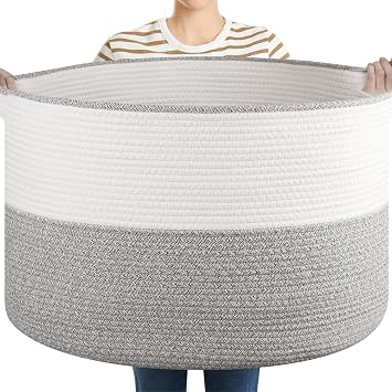 OIASKET XXL Large Blanket Basket with Handles, 105L Woven Storage Basket for Living Room, Cotton Rope Baby Toy Storage for Clothes, Pillows, Towels-Grey & White