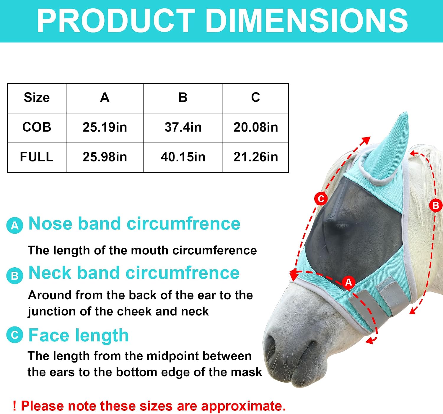 Horse Fly Mask with Ears, Full Face Equine Fly Mask UV Protection | Adjustable Fly Mask for Horse, Horse Fly Control Mask, Fine Mesh Horse Face Cover Against Insect Pests (Full, Turquoise)