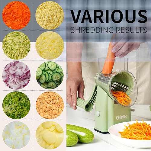 Miniatura 6 de Rallador rotativo de queso mejorado con asa, base de succión fuerte, rebanador giratorio multiusos con 5 cuchillas intercambiables para hielo,