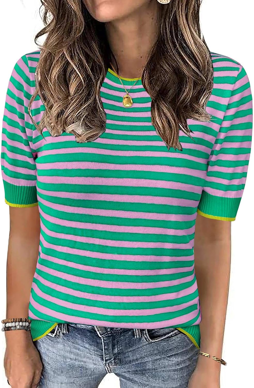 Womens Tops Summer Short Sleeve Shirts Striped Sweater Cute Casual Top Trendy Women Clothing Crewneck Knit Blouses