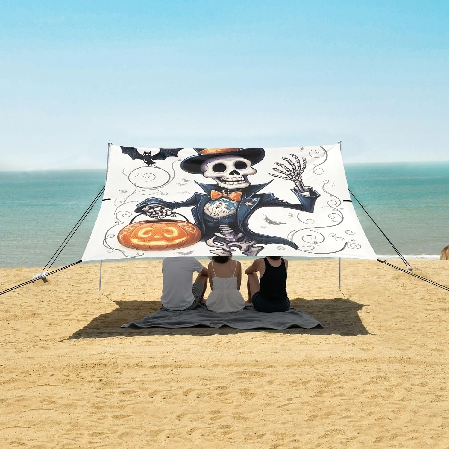 ALAZA Pumpkin Skull Skeleton Halloween Beach Tent Sun Shelter UPF50+ Protection Beach Shade Canopy w/ 4 Sandbags for Outdoor Camping, Fishing, Backyard Fun, Picnic, 10x9 ft