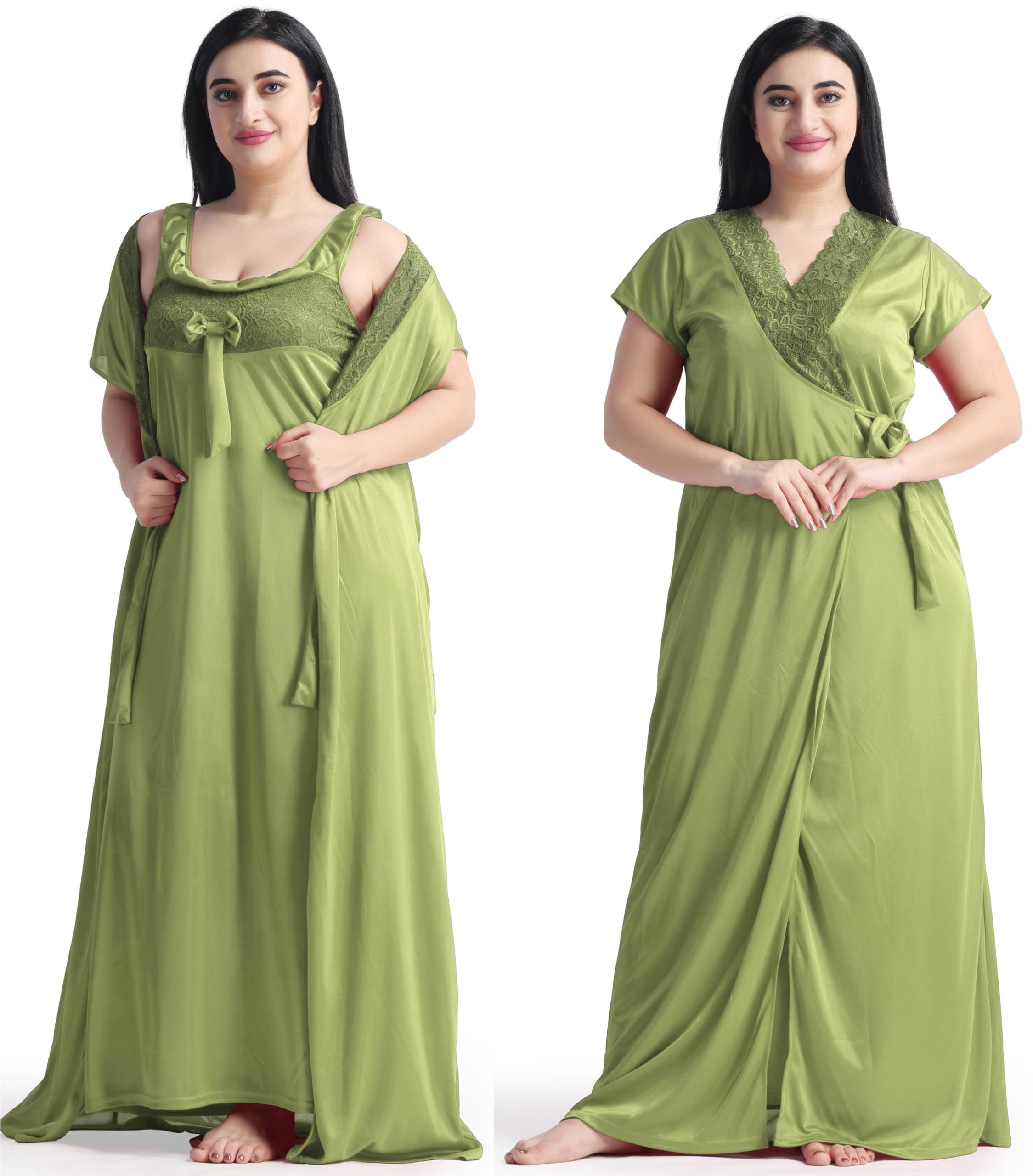 Swati Fashion Women's Long Satin Nightgown, Light Green, Lace Trim V-Neck, Floor Length-picture-12