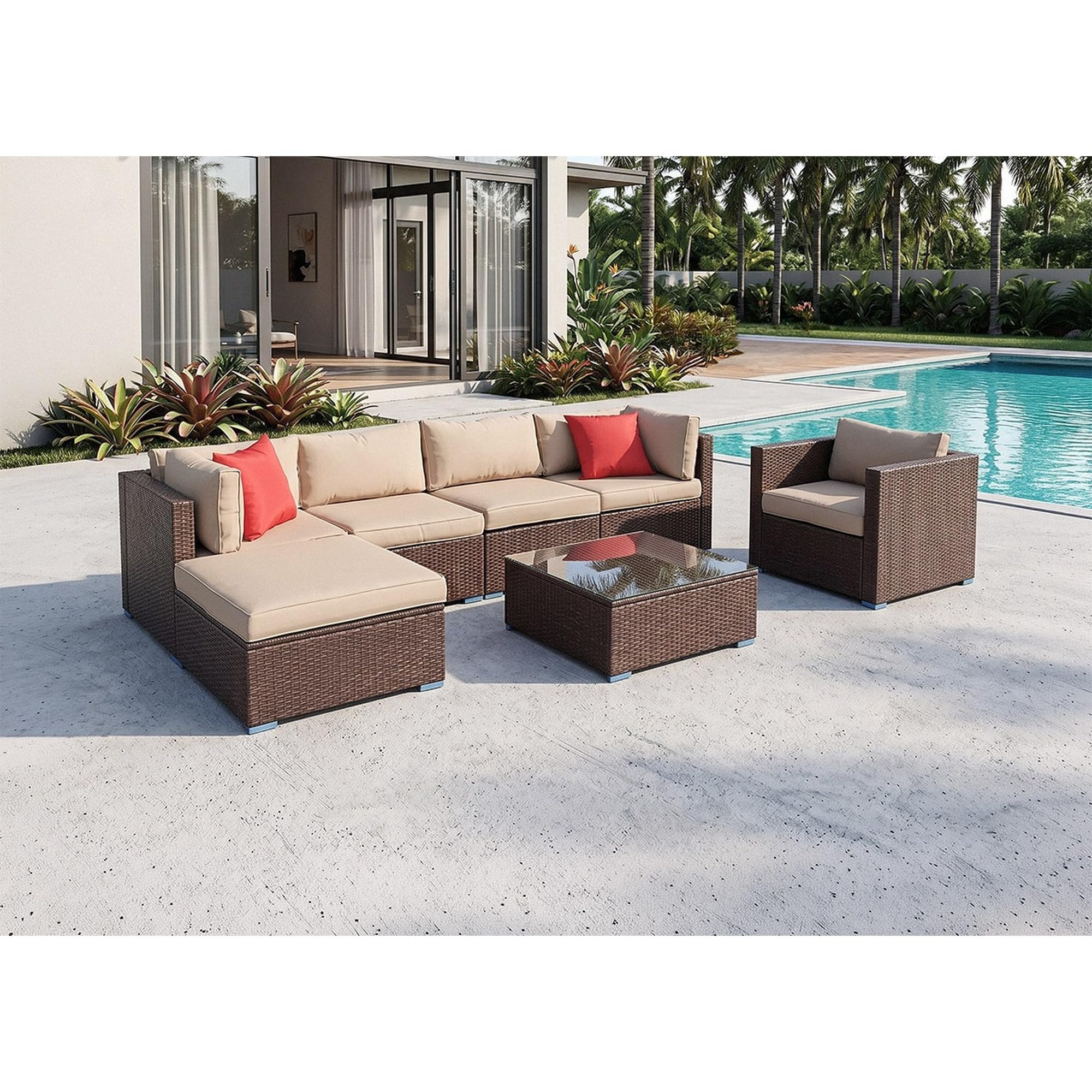Conjunto de Muebles de Jardín Karl 7 Piezas, Sofá de Exterior Seccional de Ratán Sintético PE, Estructura de Hierro, Cojines de 8 cm y Mesa con Cristal Templado, Marrón