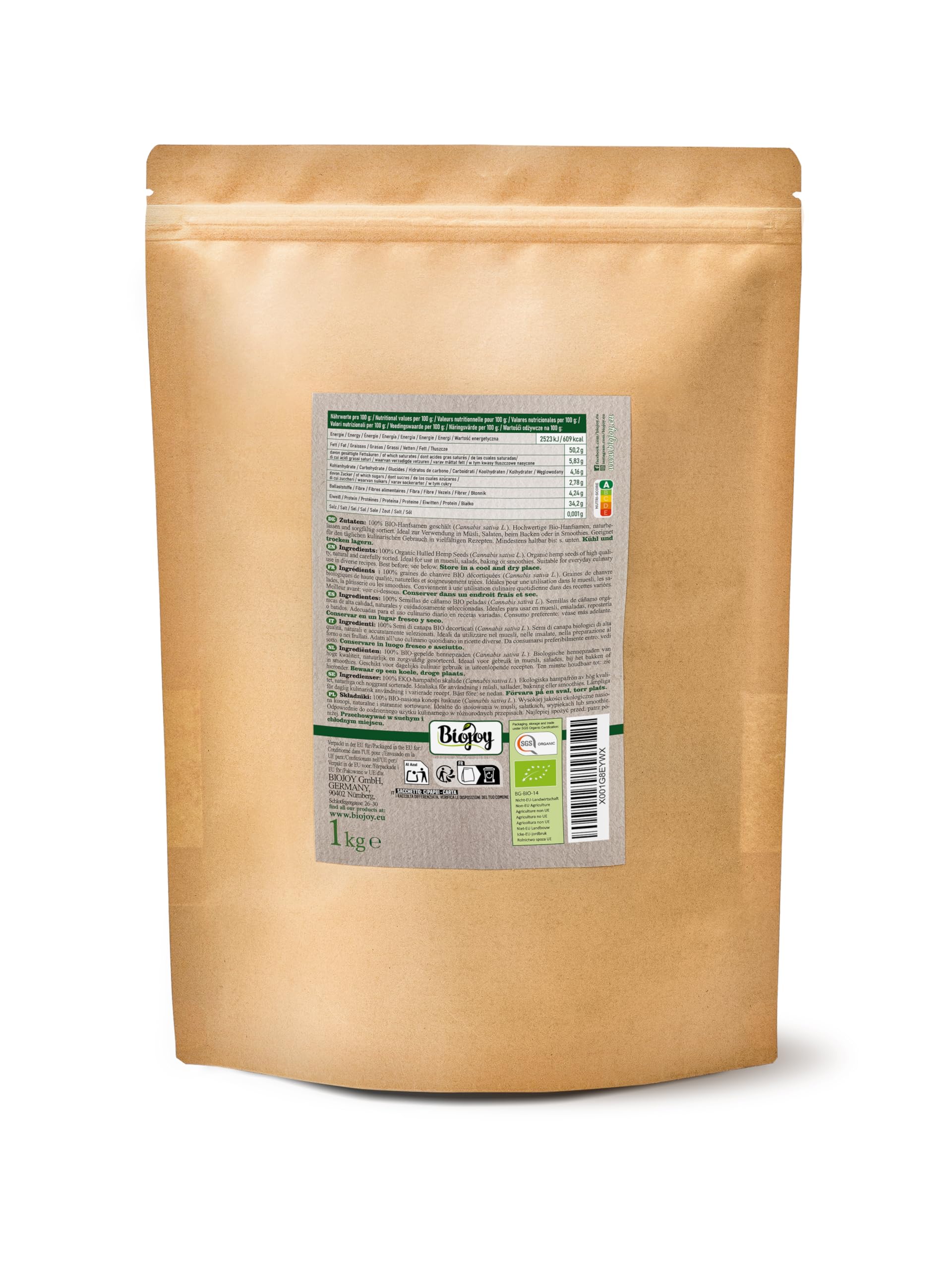 Biojoy Nasiona konopi BIO, łuskane, całe i surowe, 1 kg | Z Chin, surowe, idealne do jedzenia, Cannabis sativa L.