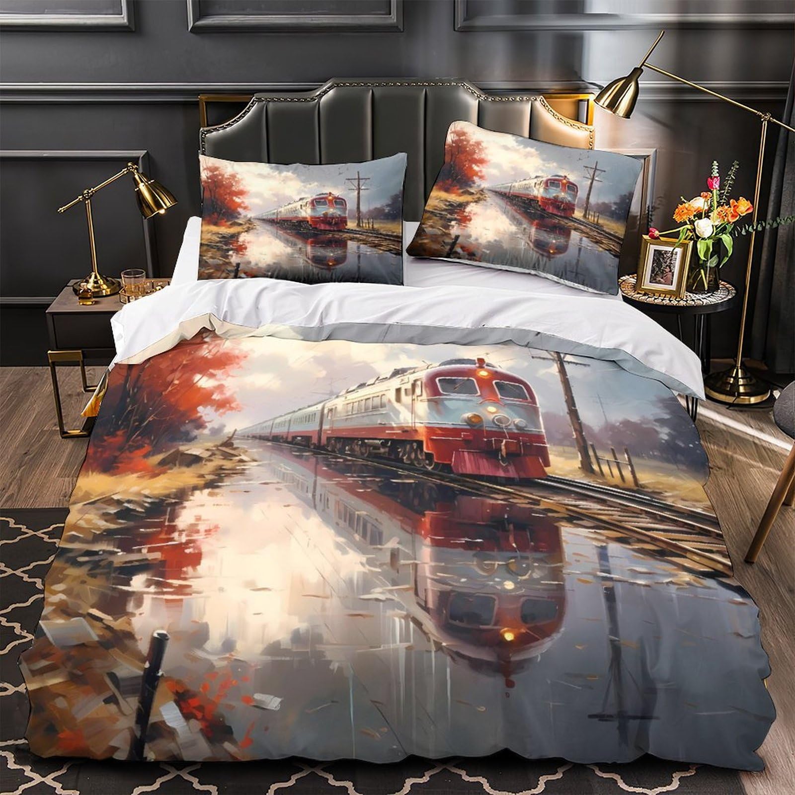 Parure de lit train vintage housse de couette microfibre 140x200 cm hypoallergénique