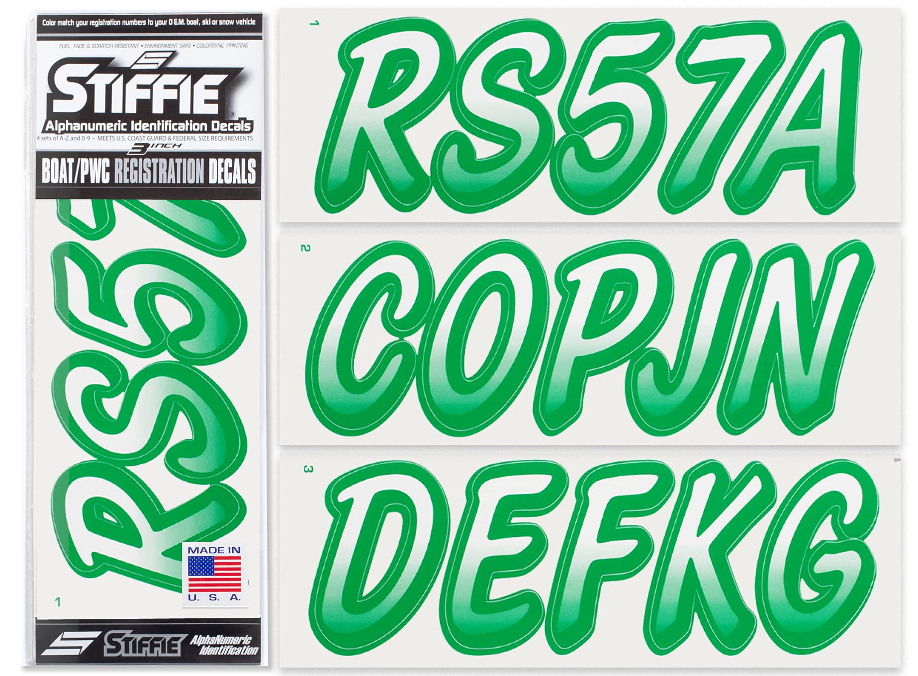 STIFFIE Whipline White/Green 3" Boat &amp; PWC Registration Decals • Numbers Letters Stickers