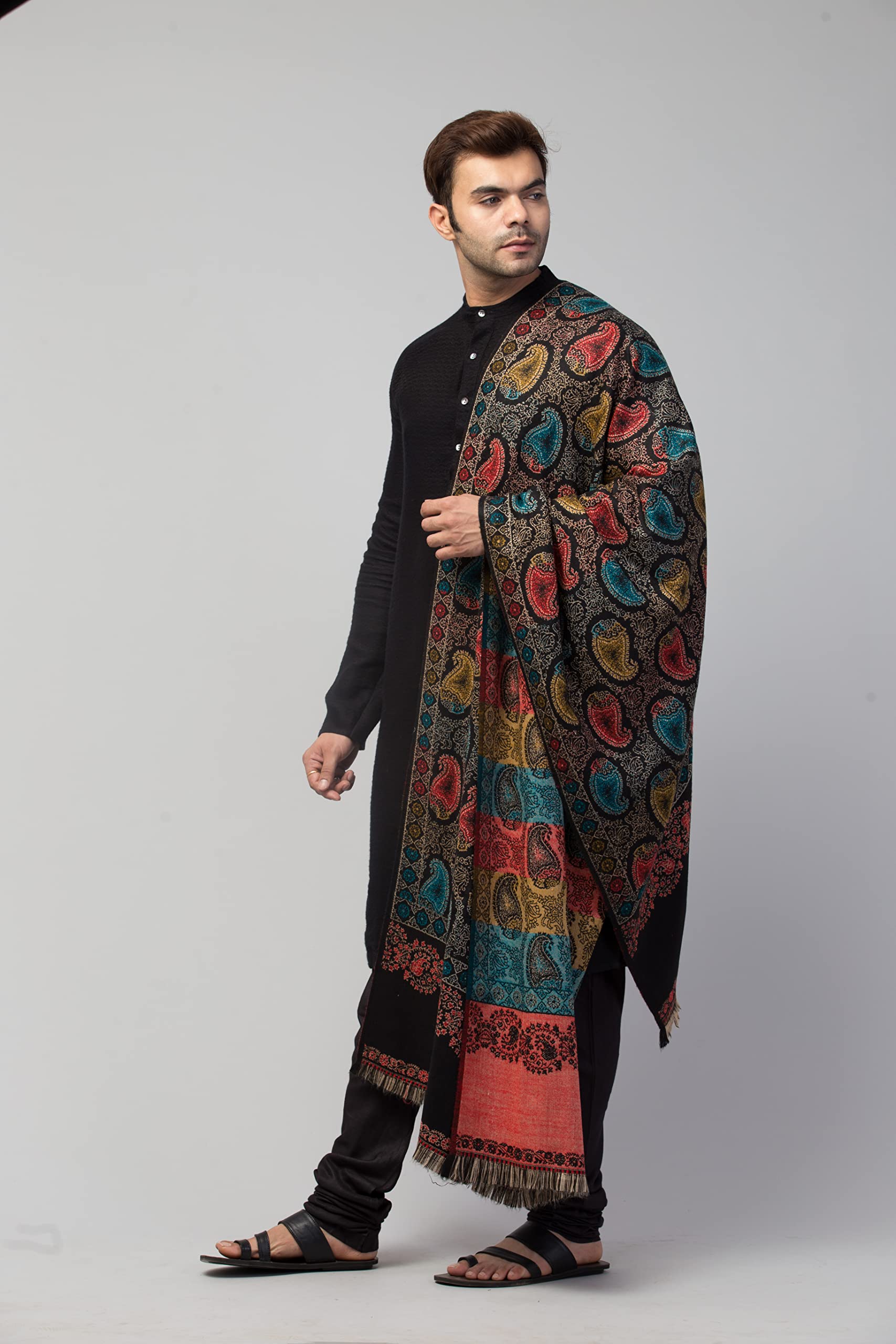 tweedle Men’s Mustard Jamawar Weave Warm and Soft Woolen Shawl/Stole with Ambi Jaal Design (40 x 80 inches) 4