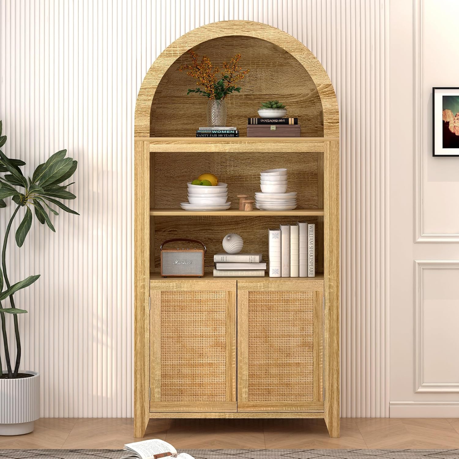 OOFAYJIA Bookcase,5-Tier Bookshelf with Doors, 160 Cm Tall Living Room Bookcase, Free Standing Display Shelf, Arched Bookshelf for the Living Room, Kitchen, 77.9 X 39.1 X 160.3 cm (Style 2)