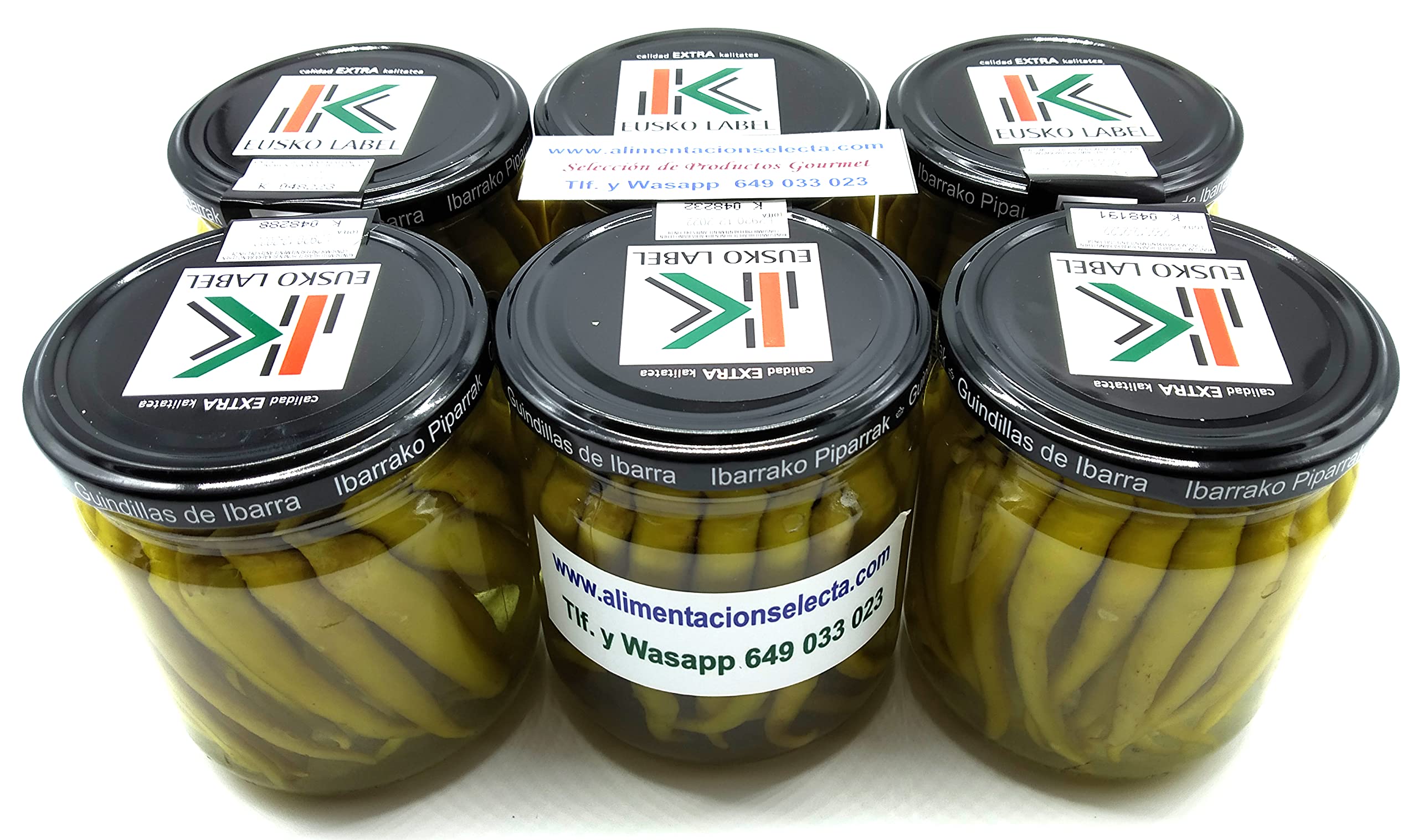 Guindillas de Ibarra ó Piparras de Ibarra 6 Tarros de Cristal de 315gr netos con las Mejores Guindillas de Ibarra ó Ibarrako Piparrak para las Mejores Recetas y Pinchos