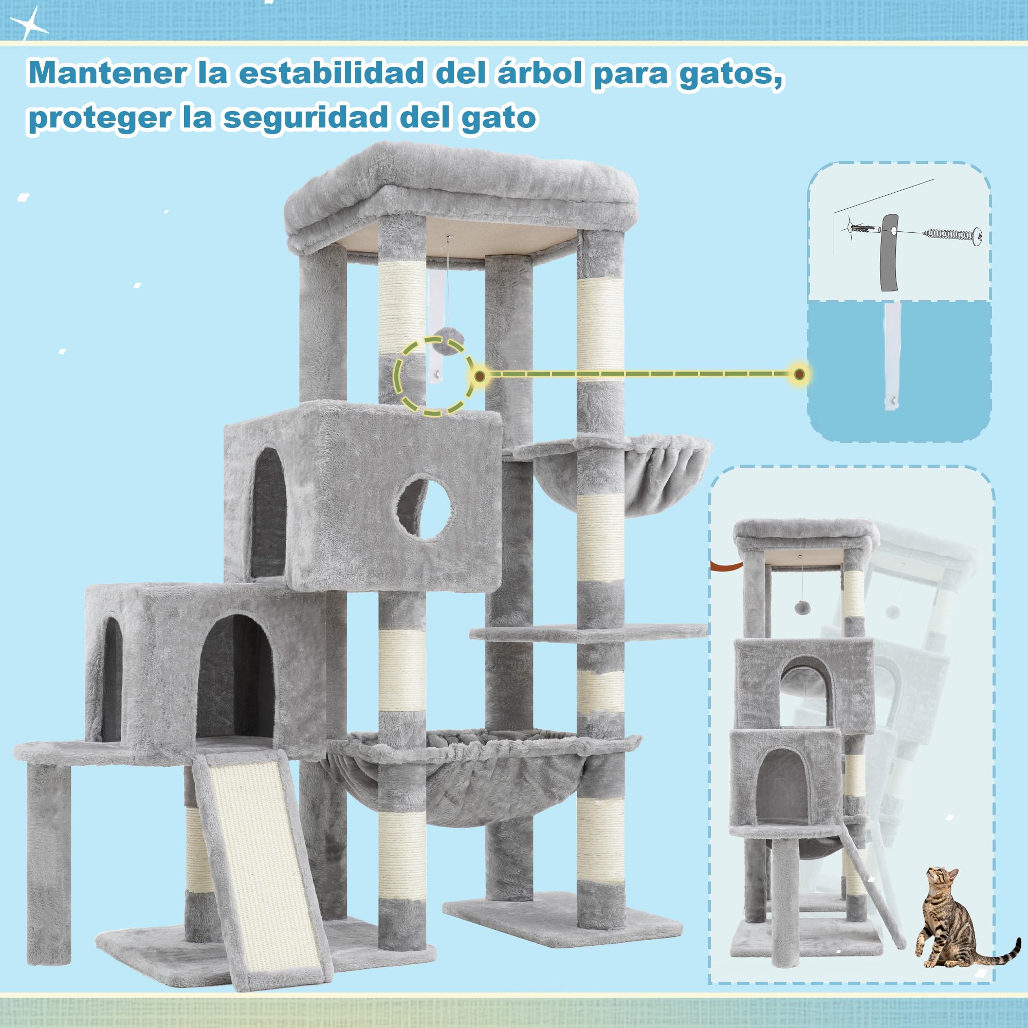 Hey-brother Árbol para Gatos, Rascador para Gatos con una Gran Plataforma, Estructura escalonada, con 2 nidos para Gatos, una Hamaca espaciosa, un rascador de sisal y una Cesta, Gris Claro MPJ071W