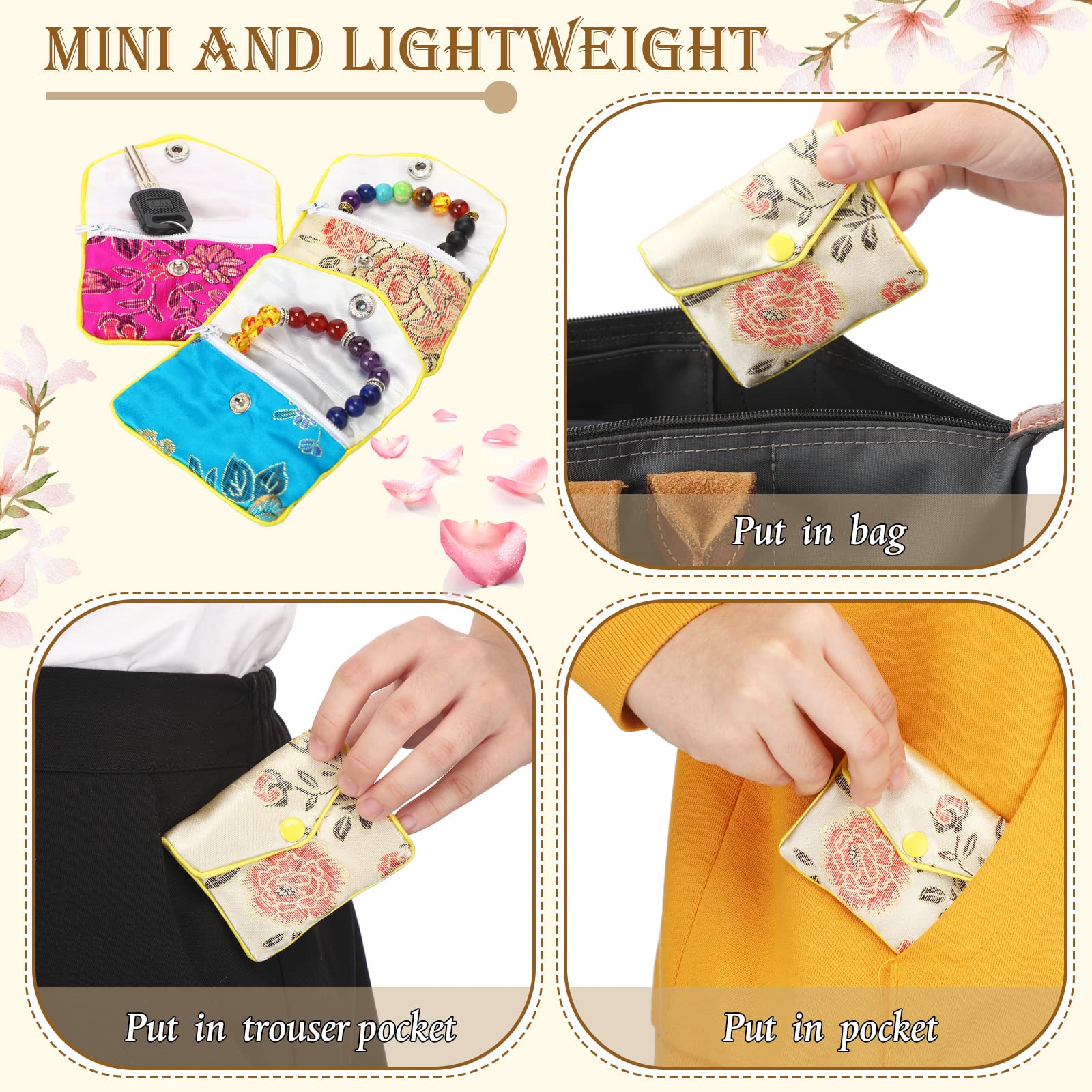Zhengmy Lot de 50 petits sacs à main en soie brocart de style chinois avec fermeture éclair pour femmes, filles, colliers, boucles d'oreilles, bracelets, 5 couleurs