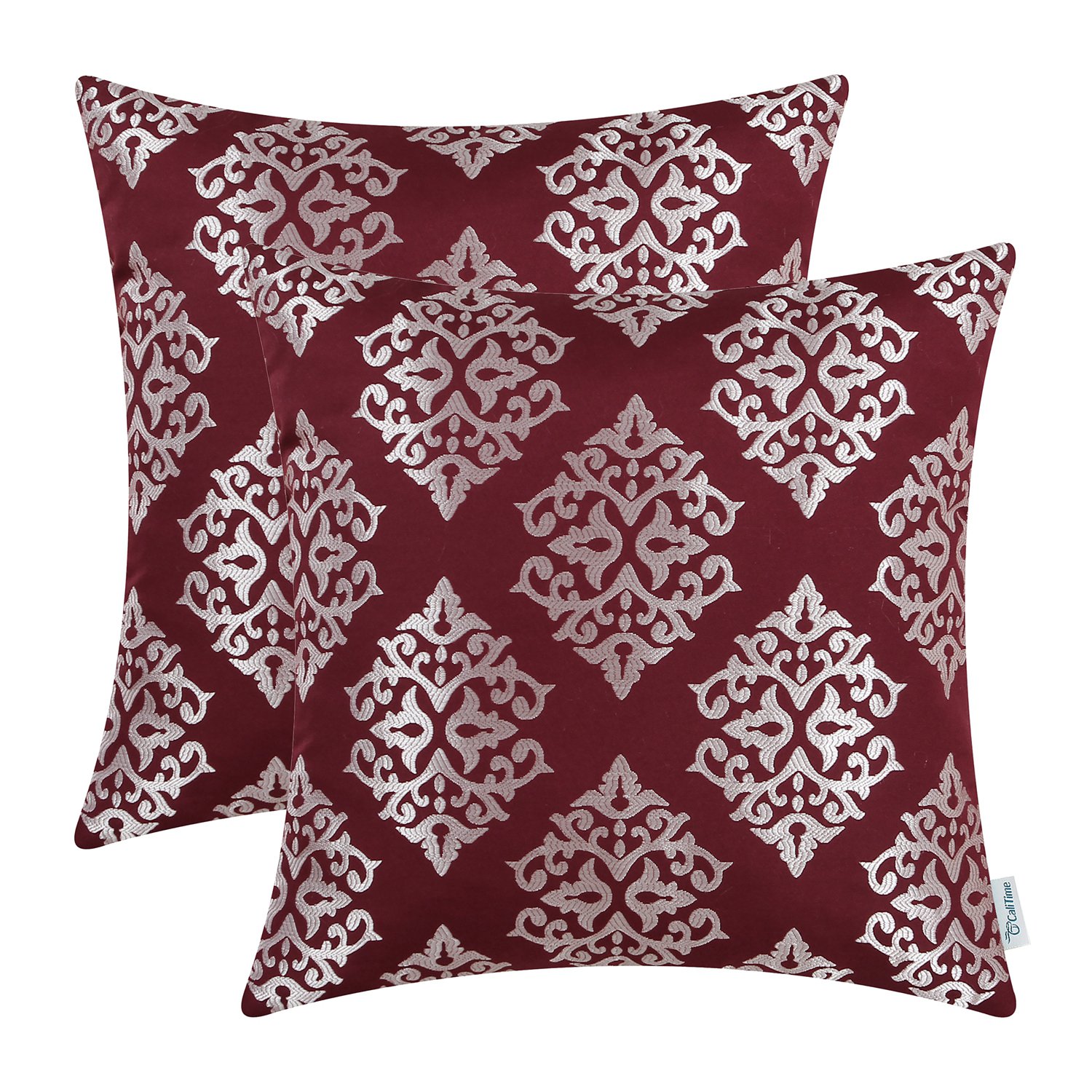 CaliTime Pack of 2 Soft Jacquard Throw Pillow Covers Cases for Couch Sofa Home Decoration Vintage Damask Floral 45cm X 45cm Burgundy — image 1