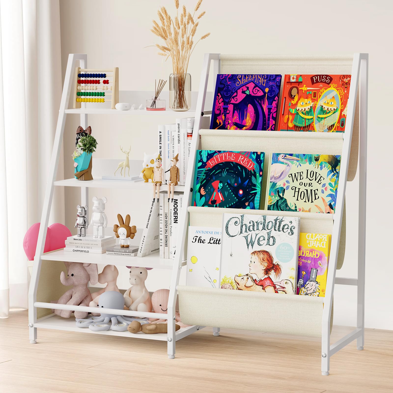 Huimpet Kids Bookshelf and Toy Organizer, 4 Tier Bookshelf for Kids, Montessori Baby Toddler Toy Storage Bookcase Book Shelf for Kids Rooms, Bedroom, Playroom, Nursery