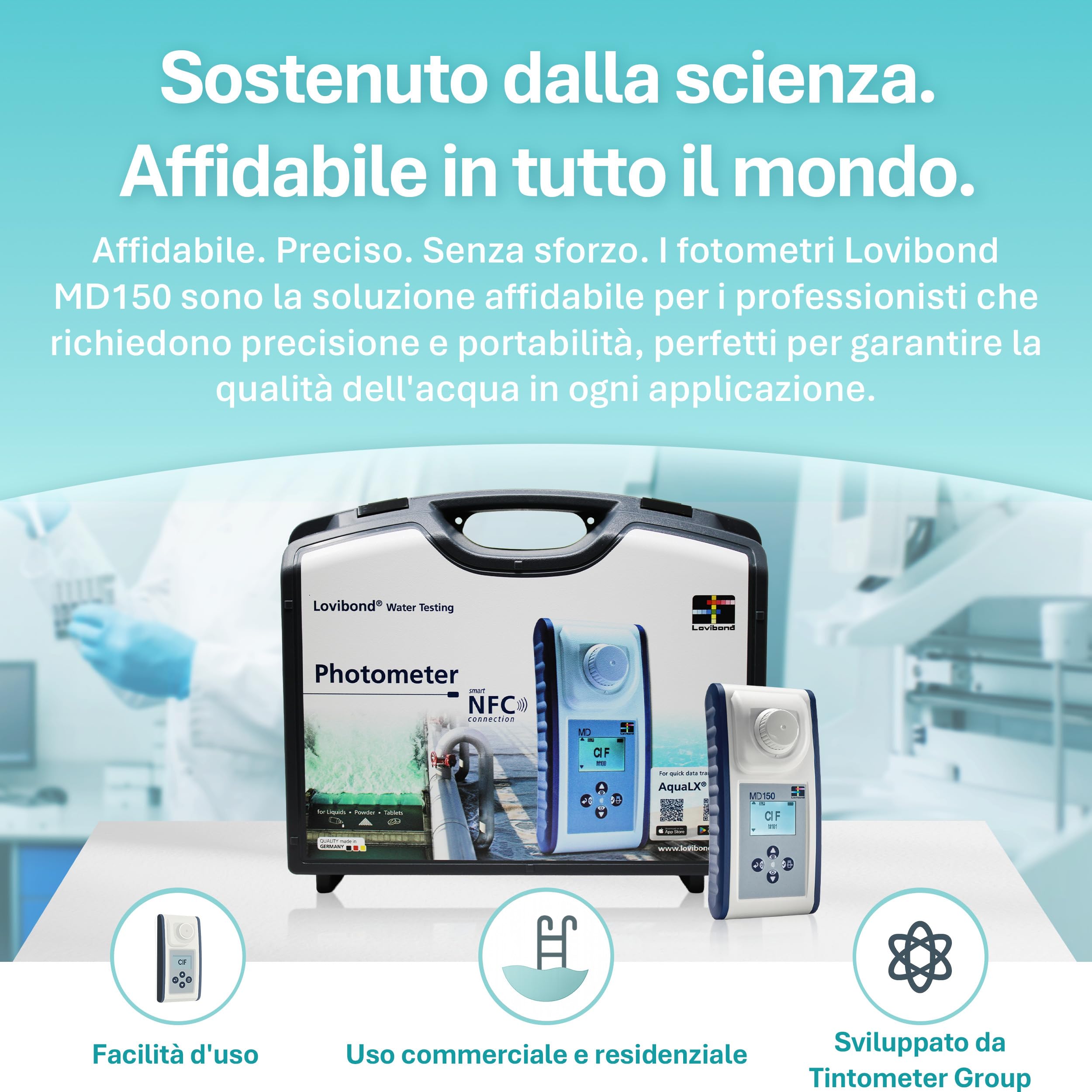 Lovibond MD150 Fotometro – Misuratore 6-in-1 per Cloro, pH, Bromo, Alcalinità Totale, Durezza e Acido Cianurico | Kit Analisi Acqua Multiparametrico con NFC e USB | App AquaLX, Impermeabile IP68