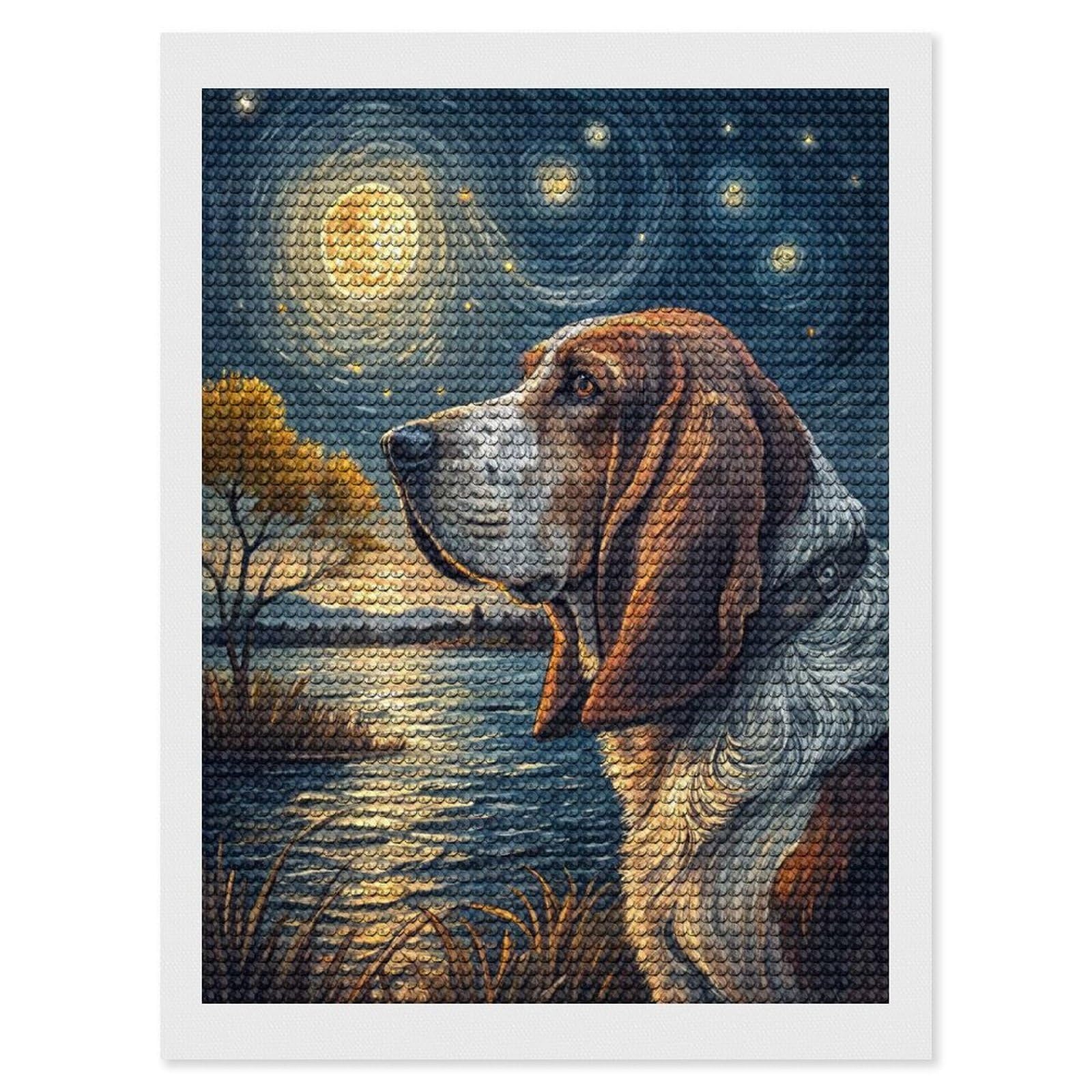 Junmoney Basset Hound Under A Starry Night Sky Diamond Painting Canvas Set 12"x16", for Women, Pleasing Wall Art Project, Aesthetic Room Decor, Gift Idea