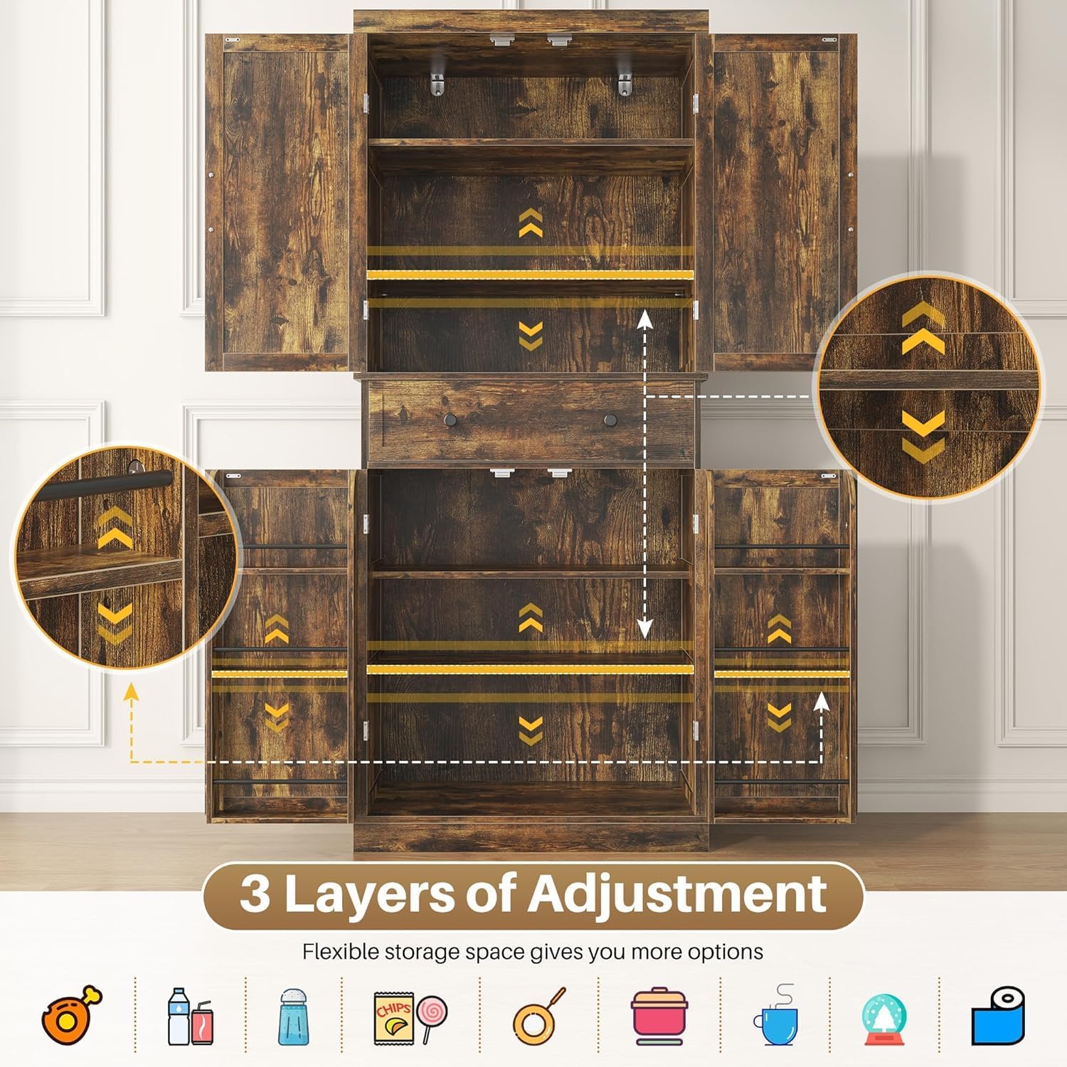 47” Pantry Cabinet, Kitchen Pantry Stora Cabinet with Doors & Adjustable