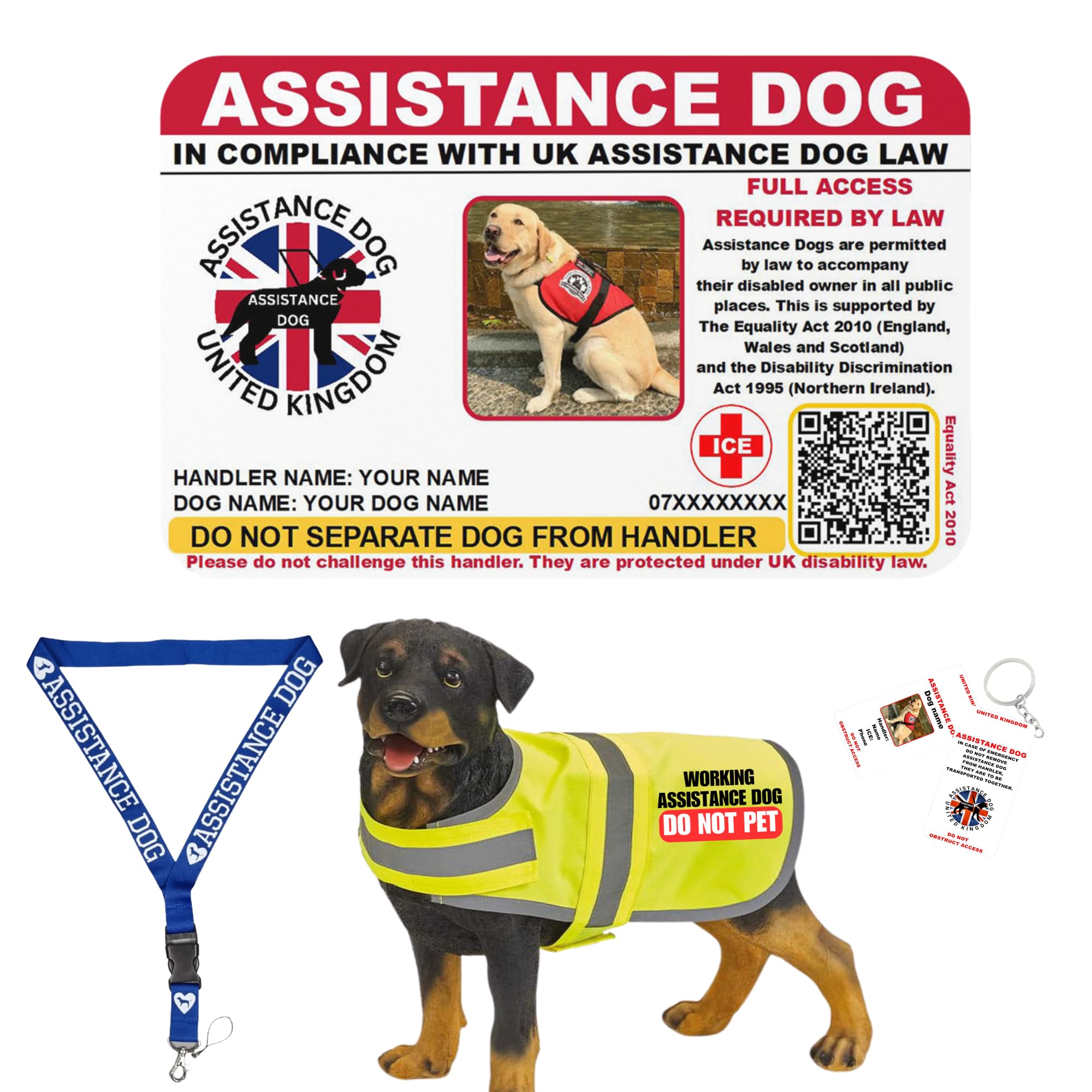 Assistance Dog Personalized Law Card with QR Code to The Equality Act 2010 -A Guide for All Businesses,Optional Dog Vest,Dog Tags and assistancedog Lanyard