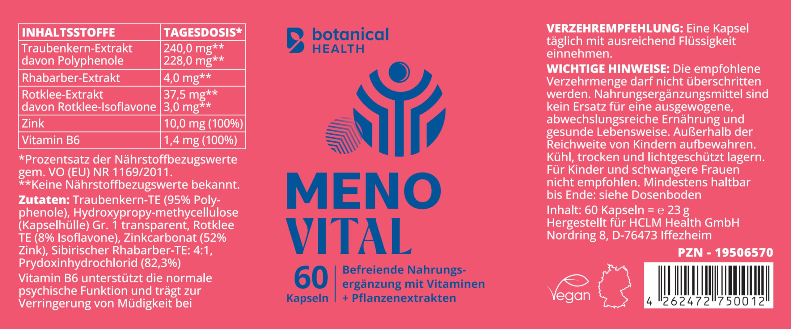 MENO VITAL – Natürliches Wohlbefinden in der Menopause - 60 vegane Kapseln mit Traubenkernextrakt, Rotklee und Rhabarbar Extrakt - Hormon Balance Frauen in Wechseljahre