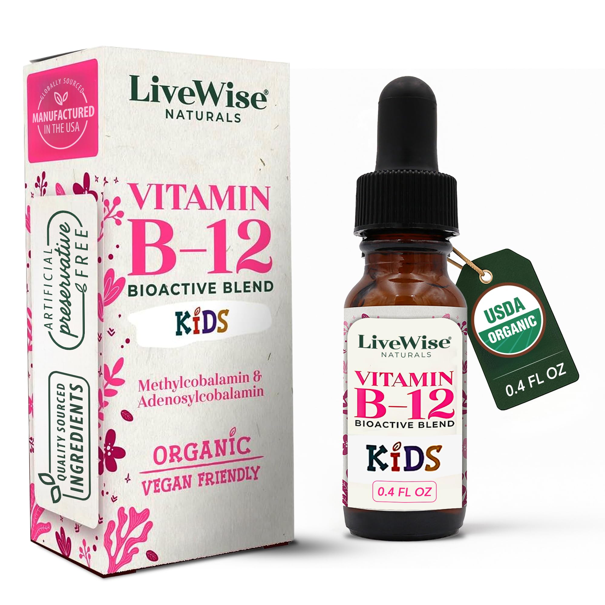 Organic Vitamin B12 Liquid Drops for Kids – Bioactive Blend with Methylcobalamin & Adenosylcobalamin - Vegan, Non-GMO, USDA Organic, 3 Months Supply, 0.4 FL OZ