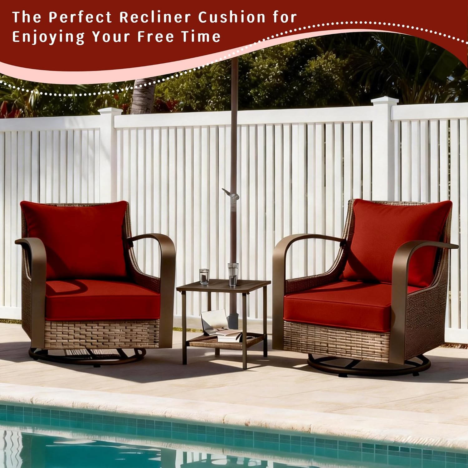 2 Set Outdoor Deep Seat Cushion Patio Furniture Cushions 19x19x4 inch, Outdoor Chair Cushions with Ties & Portable Handle, Foam Cushions for Lawn Chair, Fit for 18''-20'', Brick Red