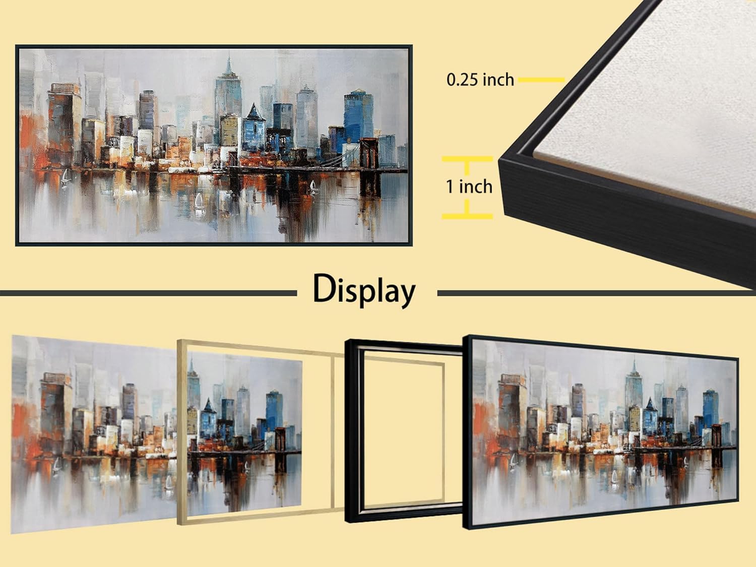 Arjun Brooklyn Bridge Wall Art Modern New York Abstract Canvas Cityscape Painting Colorful NYC Skyline Textured Picture for Living Room Bedroom Home Office Wall Decor, Large Black Wood Framed 48"x24"