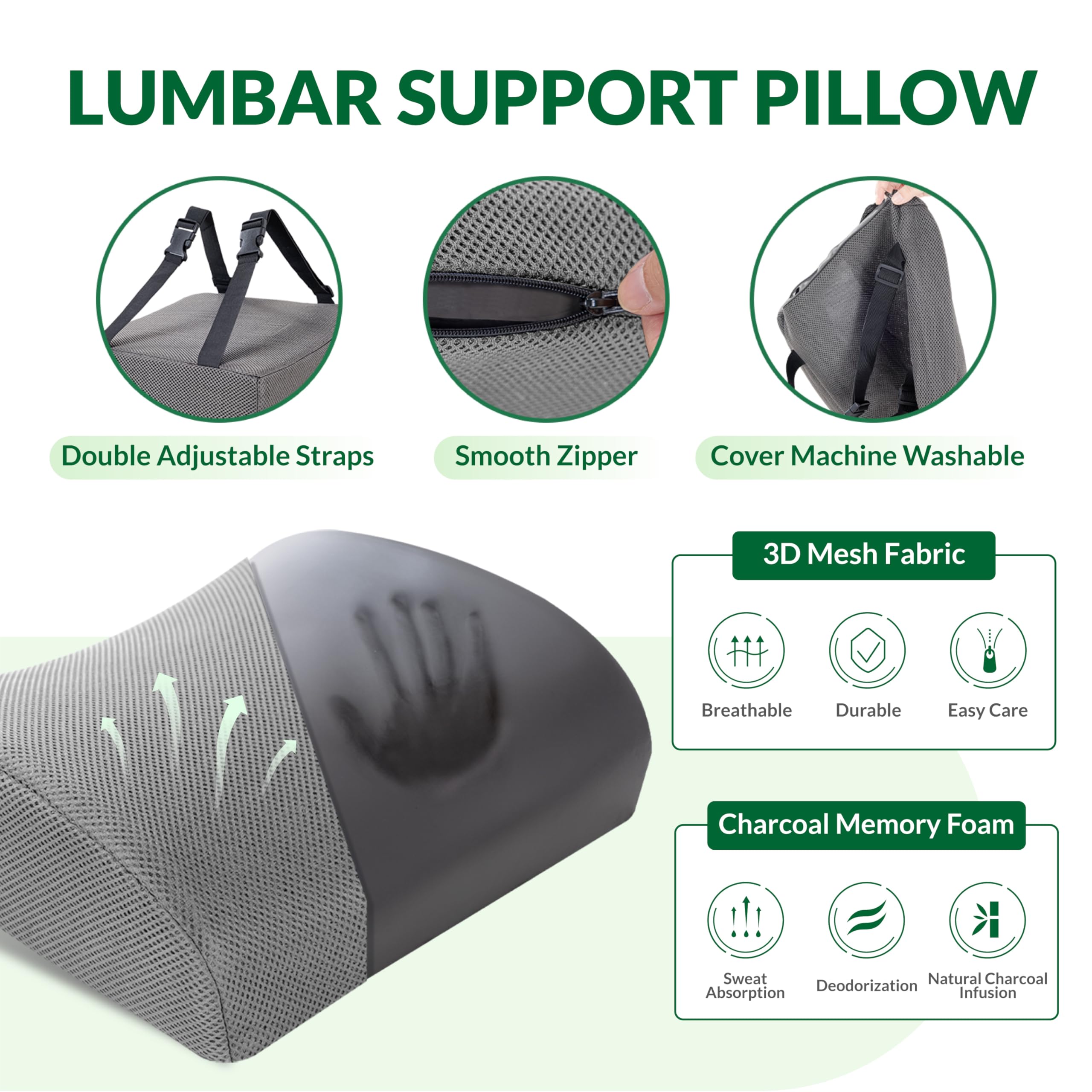 FuturaLoom Seat Cushion Adjustable Lumbar Support Pillow Set Charcoal Memory Foam Back Tailbone Pain Relief Non-Slip Washable Cover — view 3
