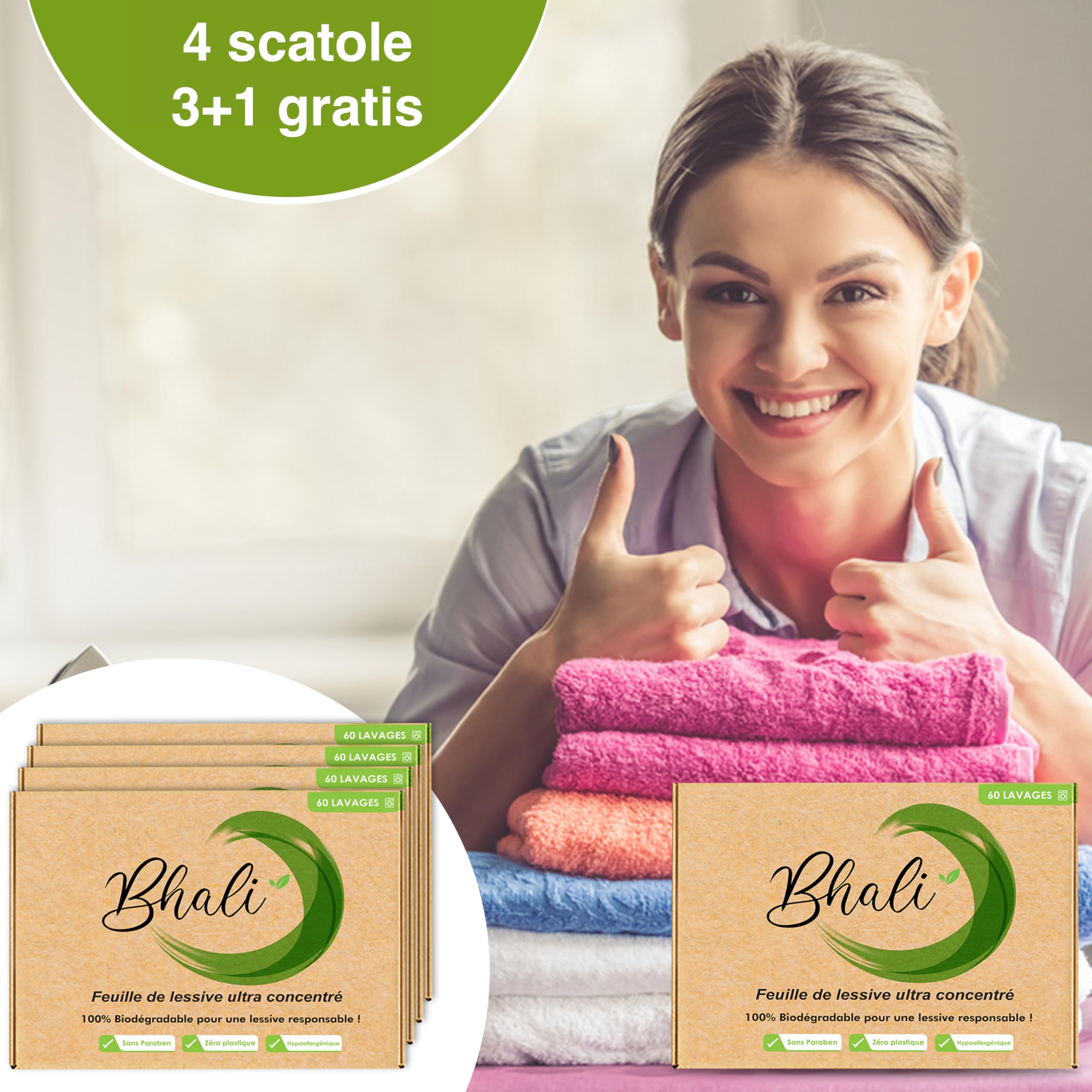 Detersivo ecologico biologico Offerta Bhali 3+1 Gratis | Detersivo in Fogli Lavatrice 240 Lavaggi | Compatto, Senza Plastica, Monodose | Profumo Fresco & Pratico per Tutti i Bucati