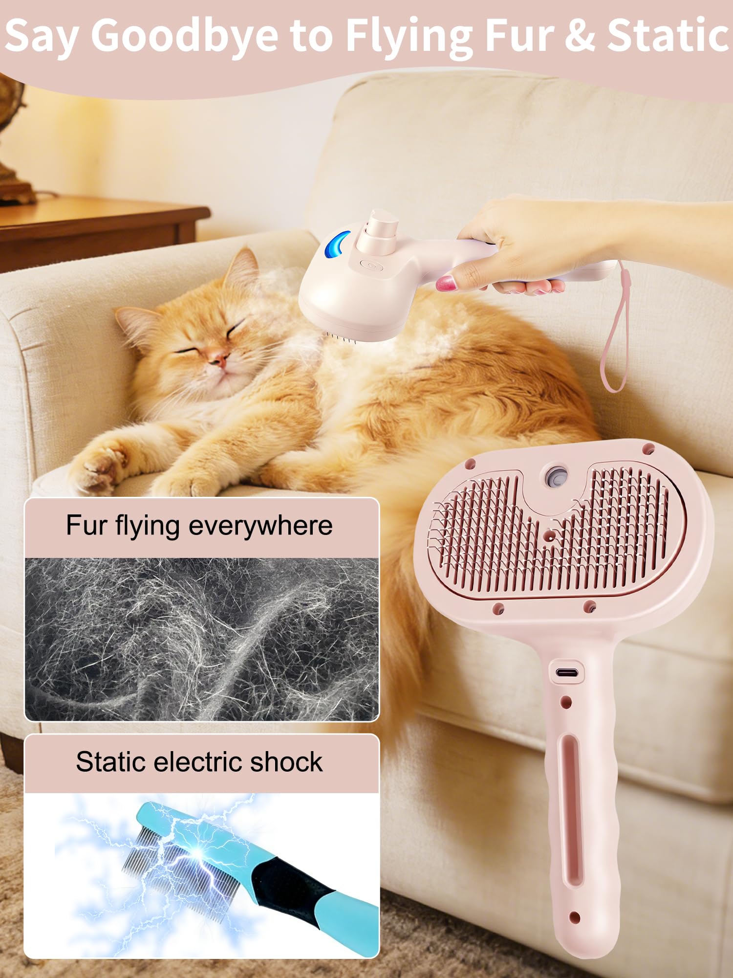 Cepillo de vapor para gatos 3 en 1, cepillo para gatos con botón de vapor y liberación, herramienta de aseo para mascotas de interior, eliminación de pelo, agua para animales pequeños, pelo largo y