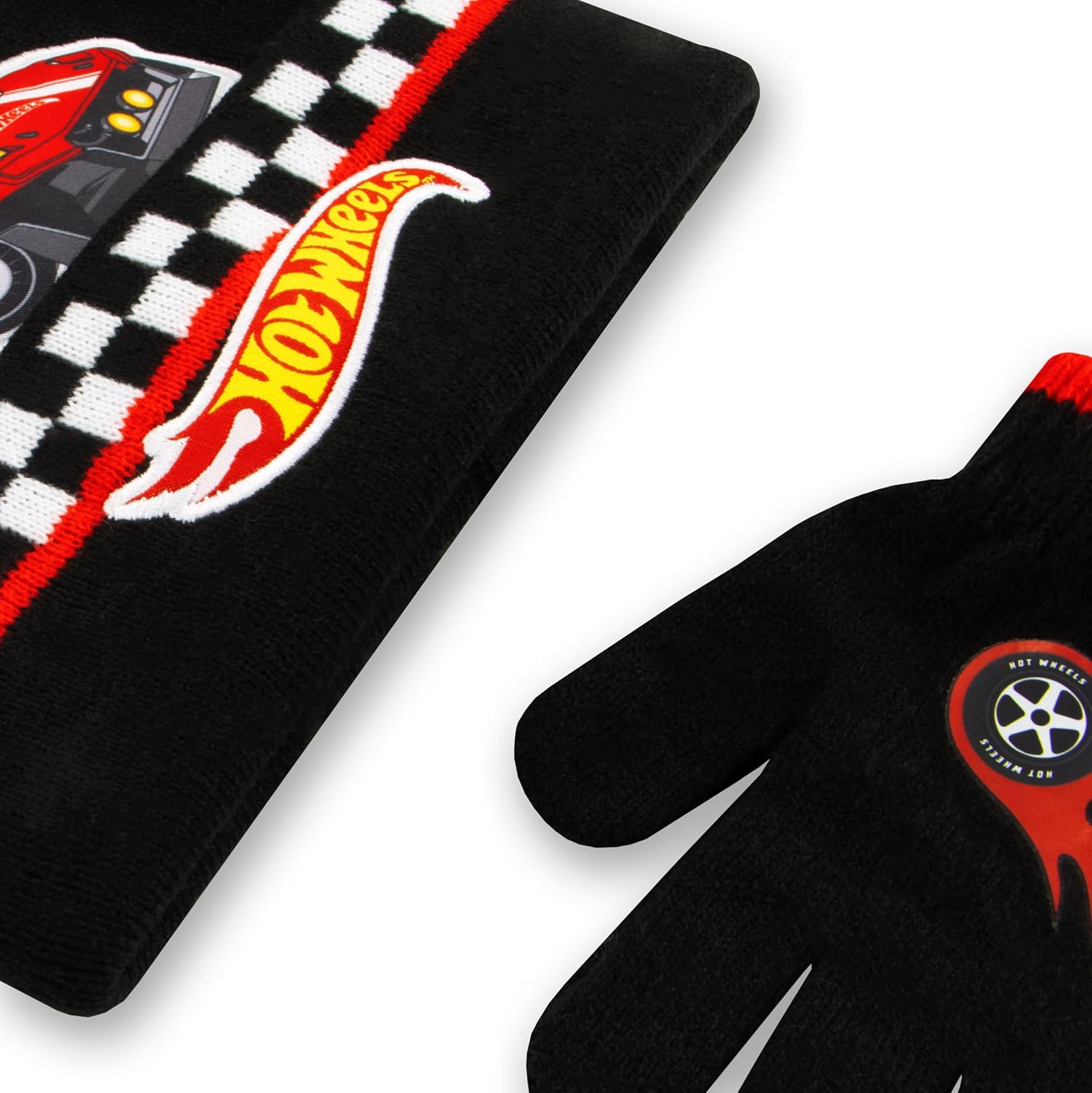 Hot Wheels Boys One Size Black Checkered Winter Hat and Gloves Set