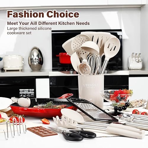 Miniatura 6 de Juego de utensilios de cocina, 35 piezas de utensilios de cocina de silicona con soporte, con mango de acero inoxidable, cucharas, servidor de