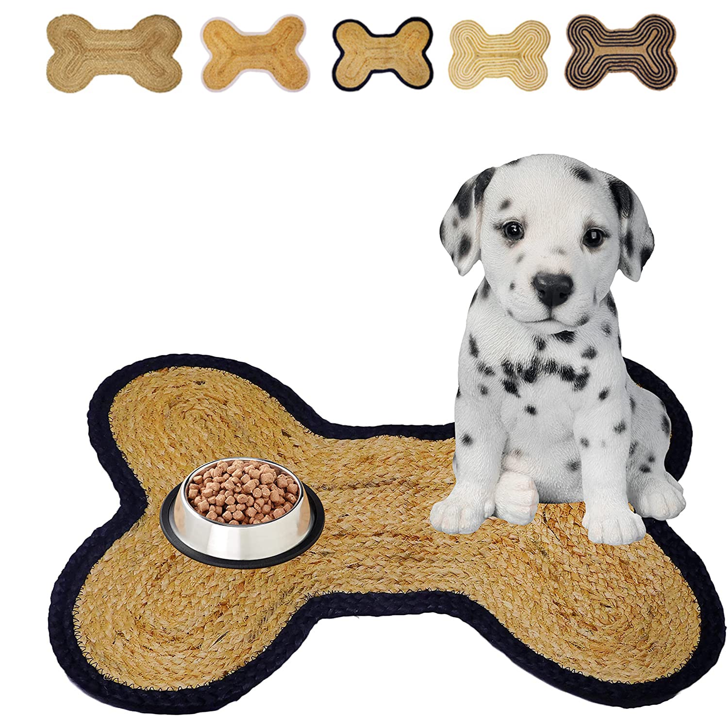 Dog Cat Bowl Mat for Food and Water Handmade Braided Jute Bone Shaped Dog Feeding Mat Cat Food Mat for Floors Black Natural Food Rug 16.5x21 inches Gift for Pet Owner (Bordered Bone, Black)