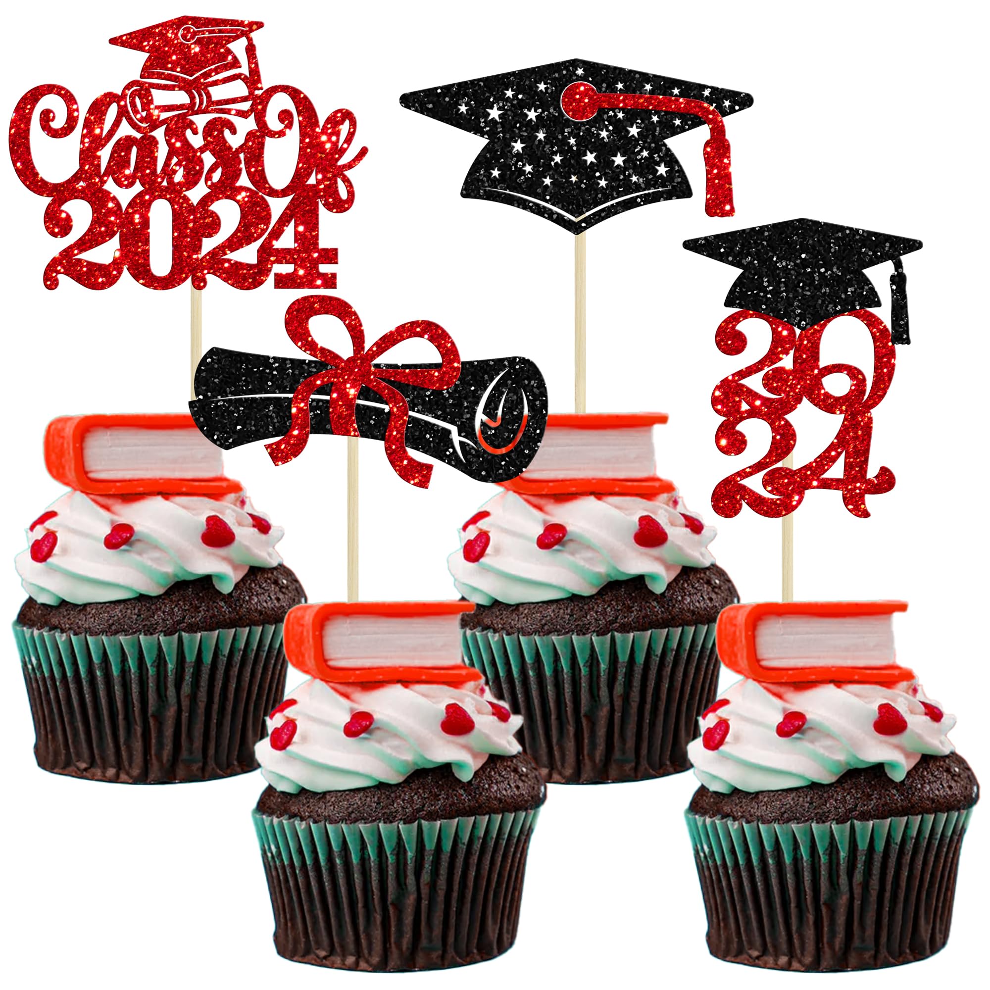 24Pcs Graduation Cupcake Toppers Glitter Class of 2024 Diploma Grad Cap Cake Decorations 2024 Graduation Cupcake Picks for 2024 Graduation Theme Party Cake Decoration Supplies Black Red
