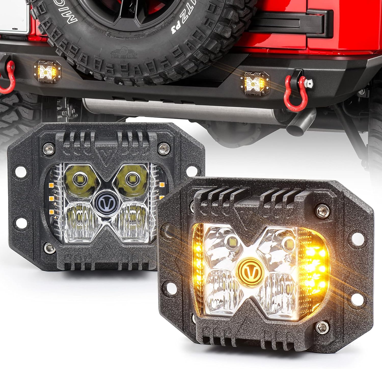 Flush Mount LED Lights, POVTOR 40W LED Pod Lights with V Logo Separate Dual Side Amber Solid & Strobe Combo Beam Off Road Lights for Truck ATV RZR 1000 Tractor Cars SUV 4X4