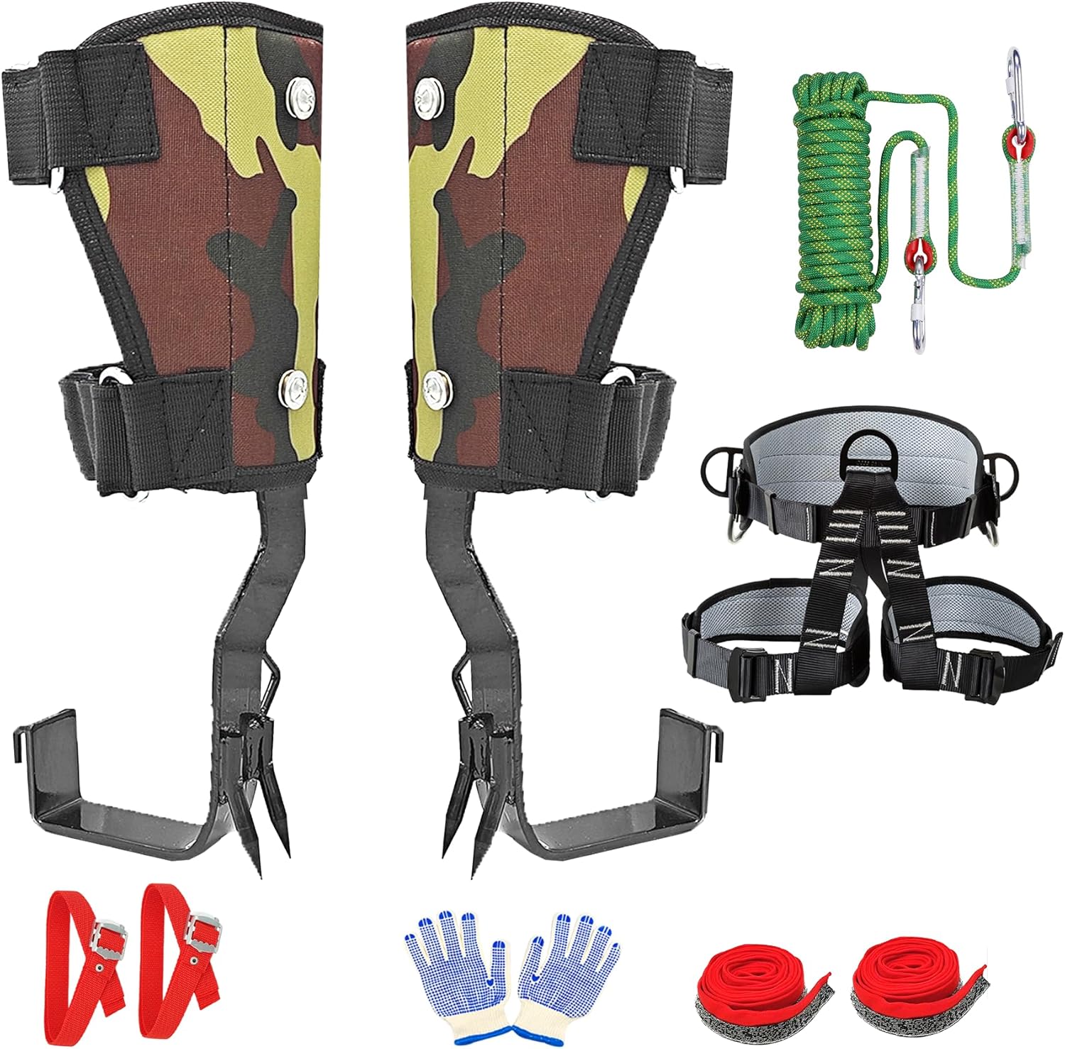 Tree Climbing Gear with Canvas Adhesive Style, Tree Climbing Spikes, Tree Climbing Kit with 2 Claws and Wide Pedal, for Outdoor Use, Fruit Picking Cutting（Canvas Green Set B）