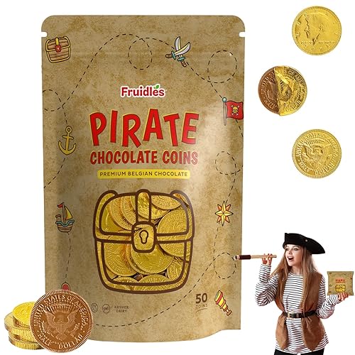 Monedas de chocolate con leche belga pirata, lácteos certificados Kosher, sin OMG (paquete de 50)