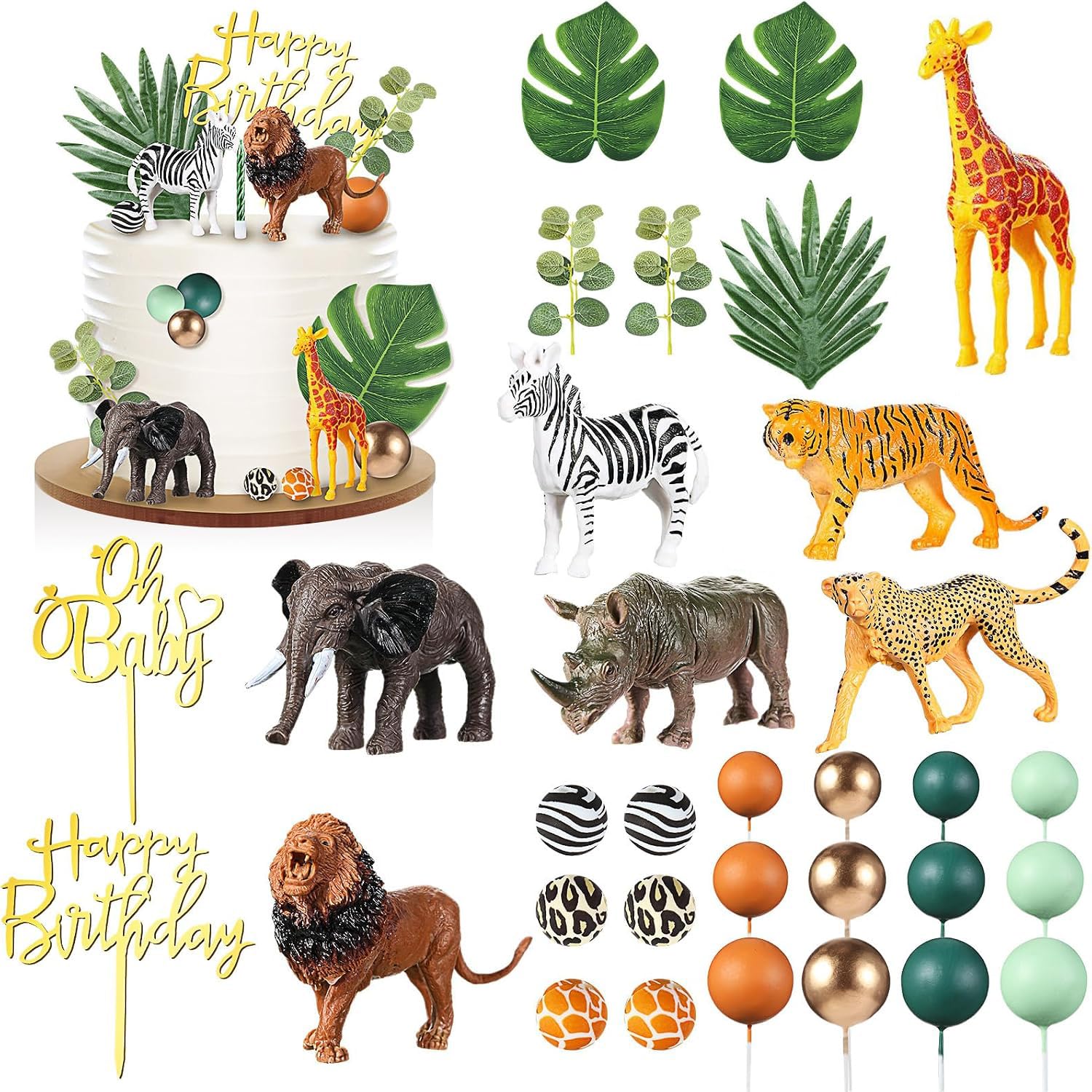 Safari Jungle Cake Toppers Jungle Style | Lion Elephant Giraffe Zebra Animals, Tropical Leaves Balloons, Wild One Zoo Birthday Baby Shower Safari Party Decorations (Wild)