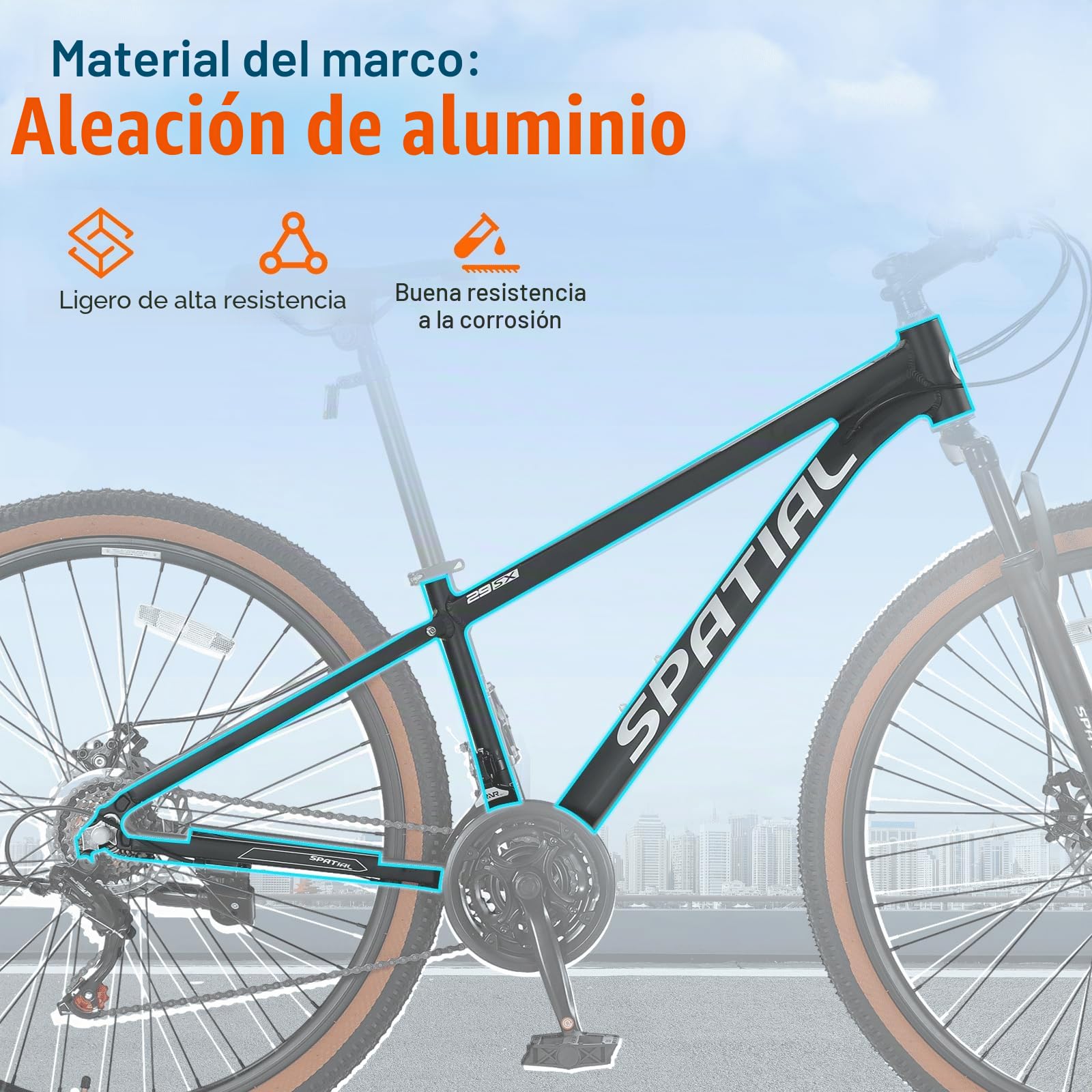 SPATIAL MTB Bicicleta de Montaña para Adultos y Jóvenes - 29/27,5/26/24 Pulgadas, 8/21 Velocidades, Frenos de Disco Mecánicos Dobles, Cuadro de Aluminio, Suspensión Delantera, Asiento Ajustable