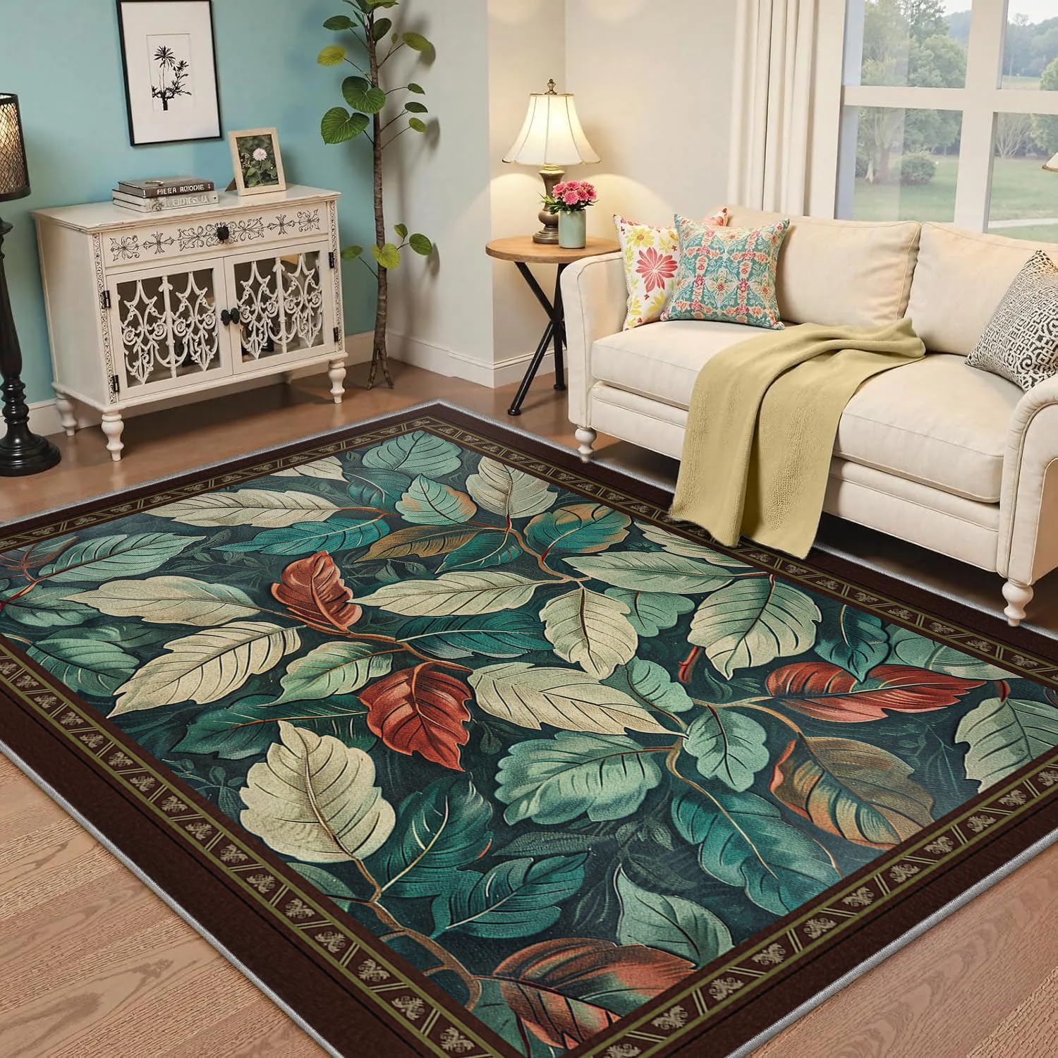 Tapis 180x240cm rustiques de salon fin à motif feuilles tissé haute densité