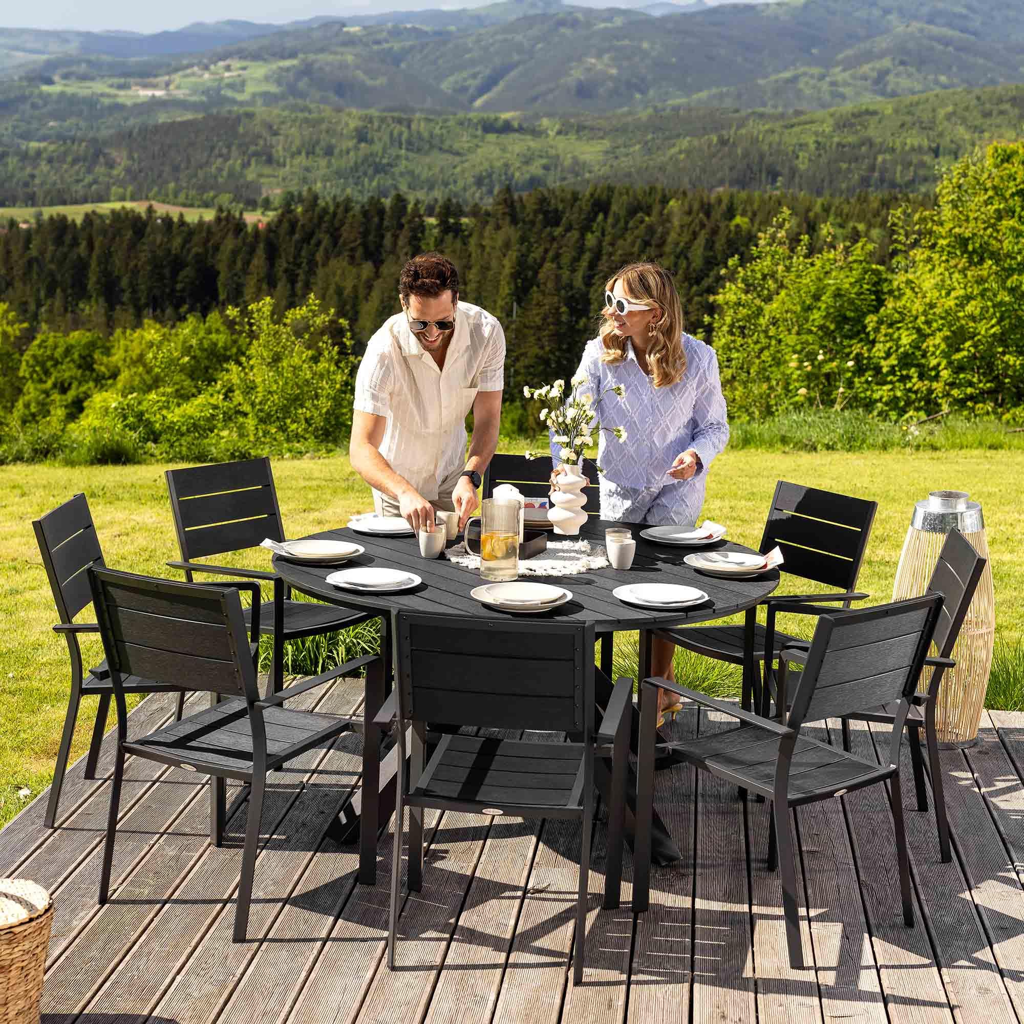 di volio Gartentisch Ravello 150 cm rund aus Aluminium Holzoptik wetterfest | 8 Personen, Nivellierfüße, X-Gestell, UV-beständig, pflegeleicht, leicht, Terrasse, Familienfeste