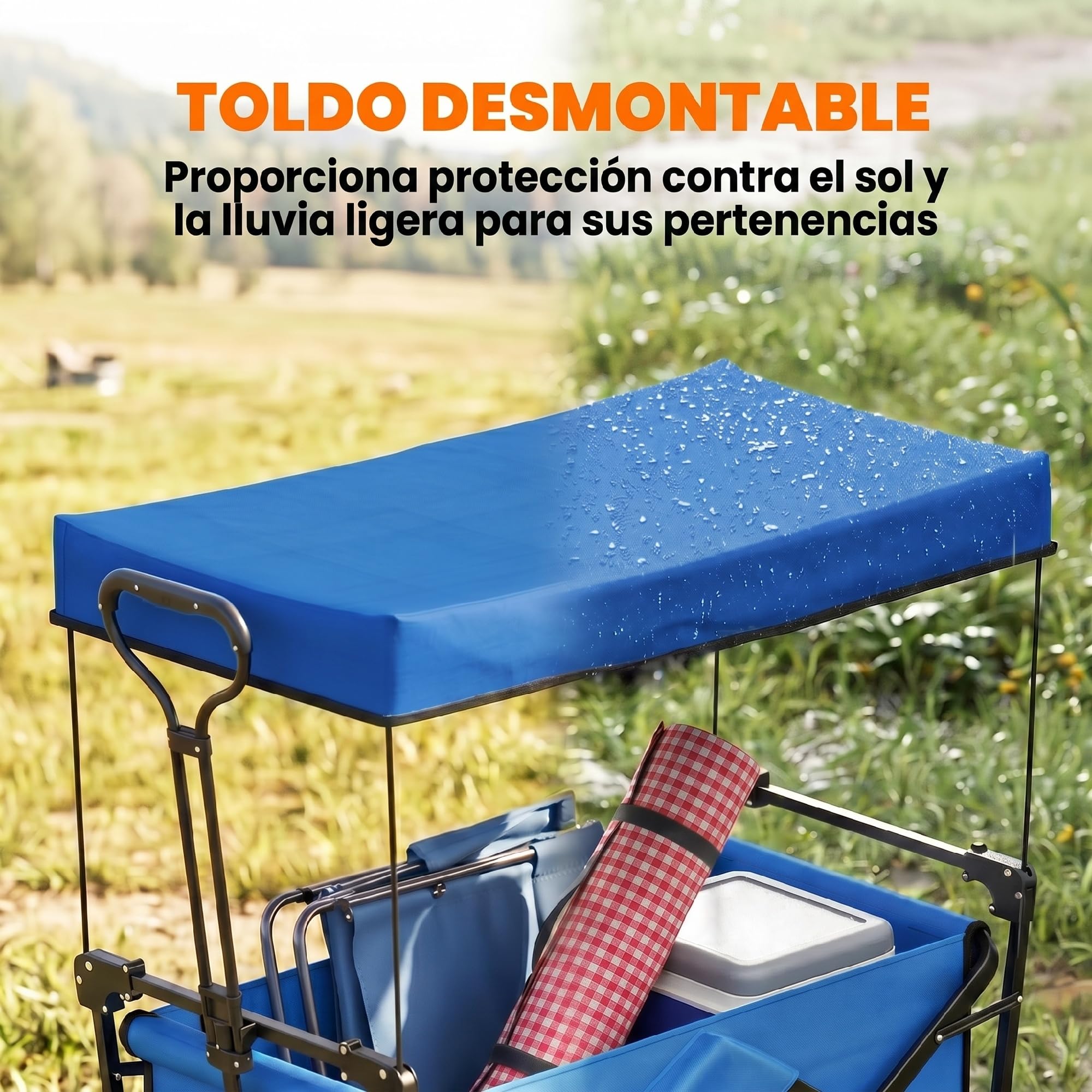 Outsunny Carro Plegable con Toldo Desmontable Carro de Playa Carro de Jardín con Longitud y Ángulo del Mango Ajustables Ruedas Grandes y Bolsa de Transporte Carga 100 kg para Compra Azul