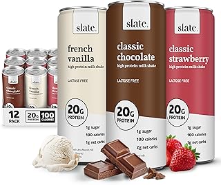 Slate Milk - High Protein Milk Shakes -Neapolitan Variety Pack -Classic Chocolate, Classic Strawberry, French Vanilla -Lactose Free, 20g Protein,1g Sugar,100 Calories,1-2g Net Carbs -11 fl oz,12 Cans