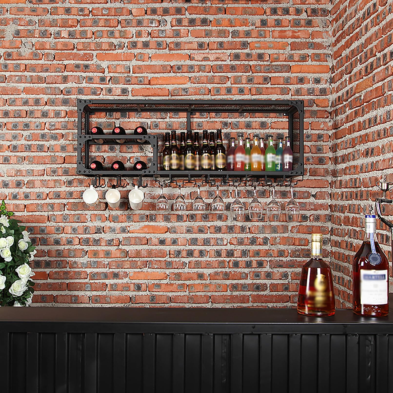 An der Wand montiertes Weinregal, schwebende Regale für die Bar, Aufbewahrungsorganisator für Flaschendisplays mit Metallrahmen, schwebender Champagnerflaschenhalter mit Glashaltern, für die