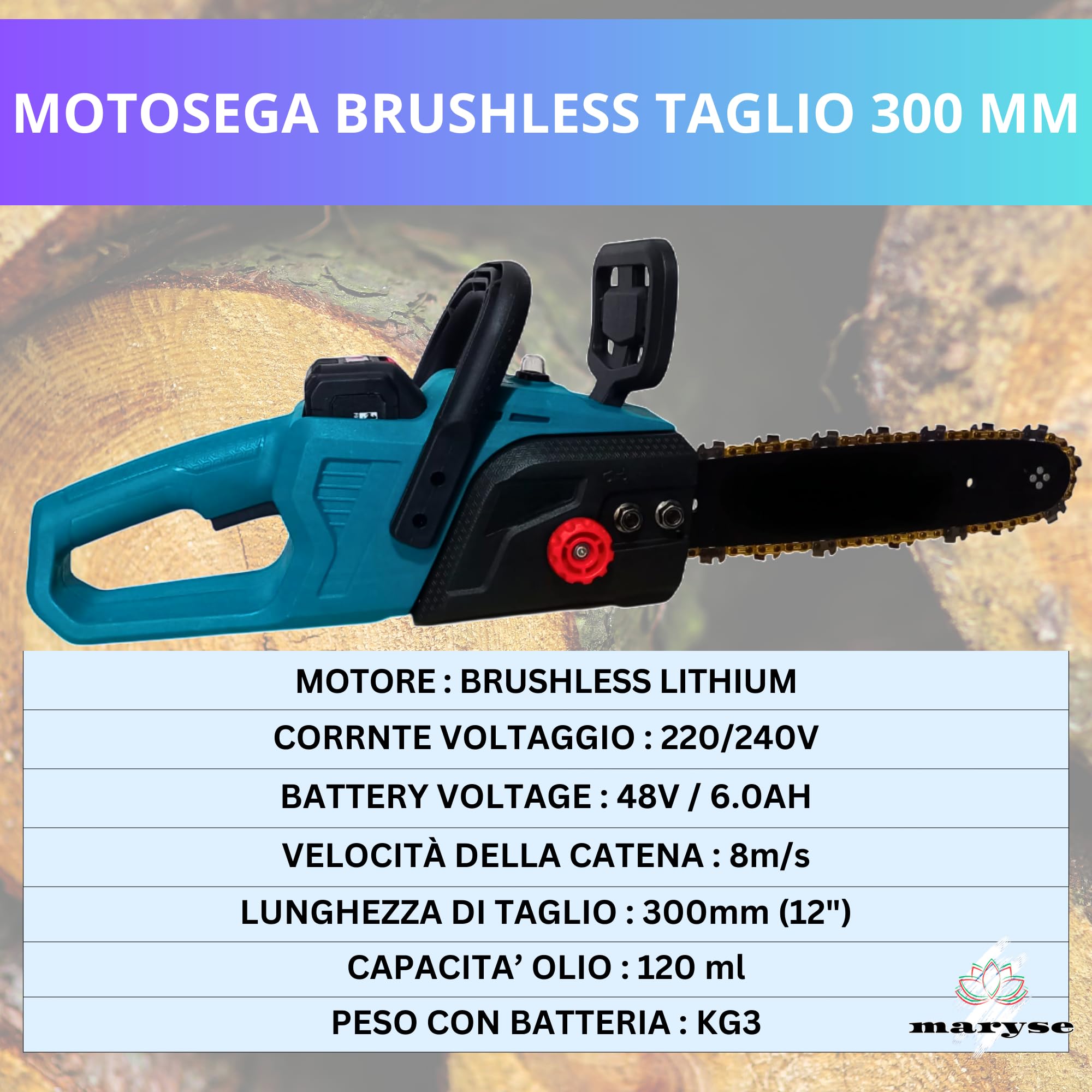 Motosega a Batteria Brushless 48V 6.0Ah - Barra 300mm, Velocità Catena 8m/s, Elettromotosega Leggera (3KG) con Kit Montaggio e Serbatoio Olio 120ml