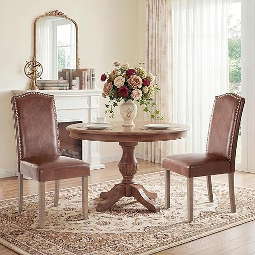 Miniatura 19 de Silla de comedor tapizada elegante Parsons con respaldo alto con ribete plateado de cabeza de clavo y patas de madera, paquete de 6, color marrón